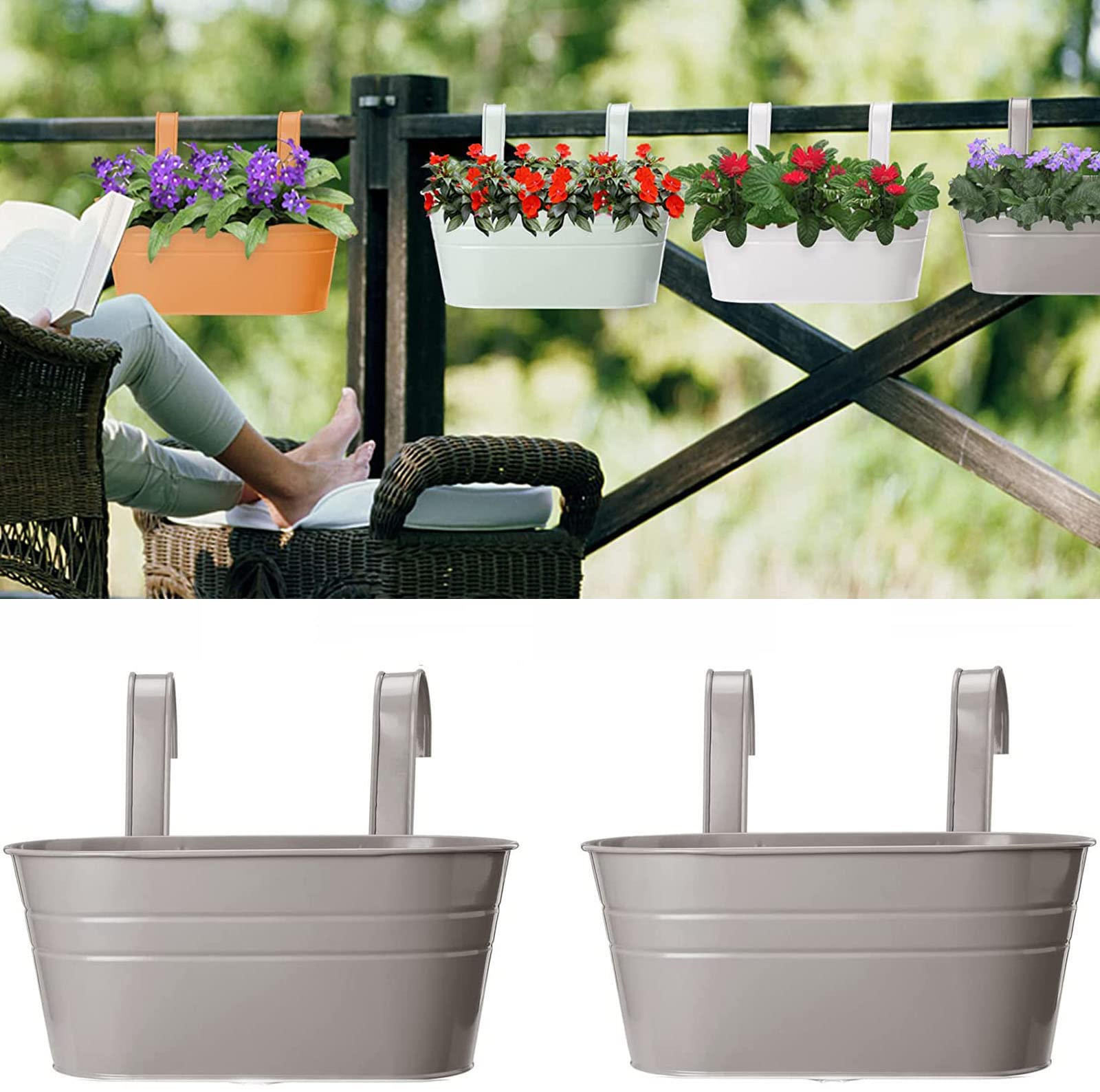 Actaday 2-Pack Metal Hanging Planters for Balcony Railings - Outdoor/Indoor Flower Pots with Drainage Holes - Perfect for Herbs, Flowers & Small Plants in Gardens, Patios & Apartments