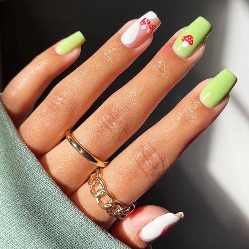 Exquisite Plant Design Press on Nails - Medium Square Fake Nails 24Pcs, Acrylic Full Cover Stick on Artificial Nails for Women & Girls - Perfect for Daily Wear, Wedding, Manicure & Special Occasions