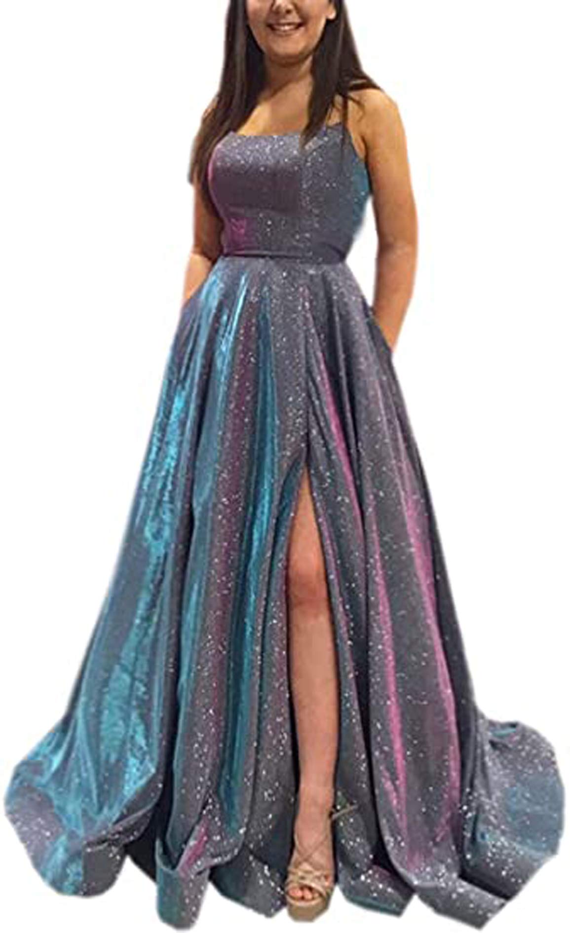 Sparkly Women's Prom Dress Long A-Line Evening Gown with Side Slit & Pockets - Perfect for Military Ball, Formal Parties & Special Occasions