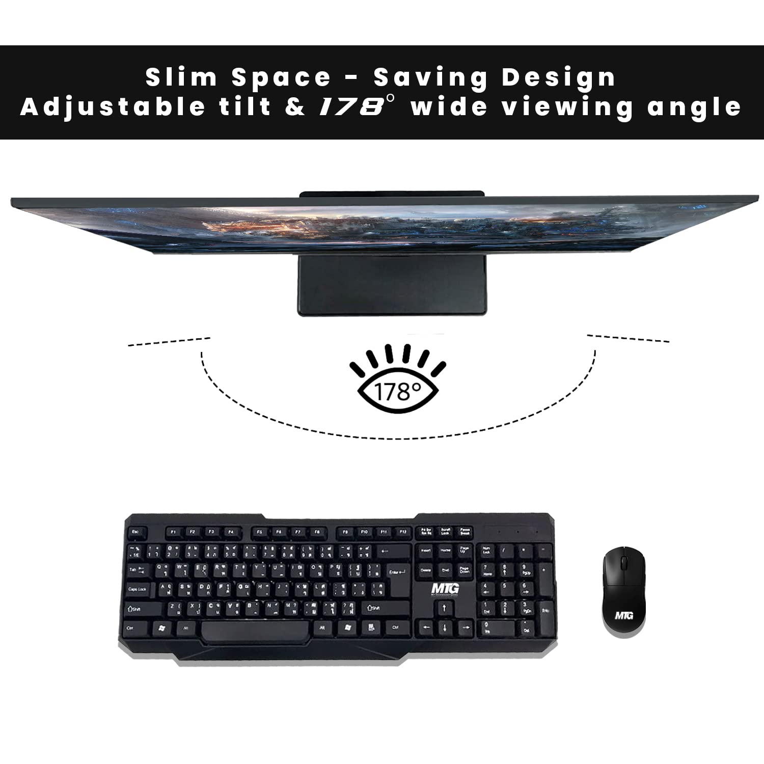MTG 22 Inch 1080p Full HD LED Monitor - 75Hz Refresh Rate, 3ms Response Time, VESA Mountable, HDMI & VGA Ports, Ultra-Thin Bezel-Less Design with Built-in Webcam - Includes Wireless Keyboard & Mouse Combo for Home Office, Gaming, and Remote Work