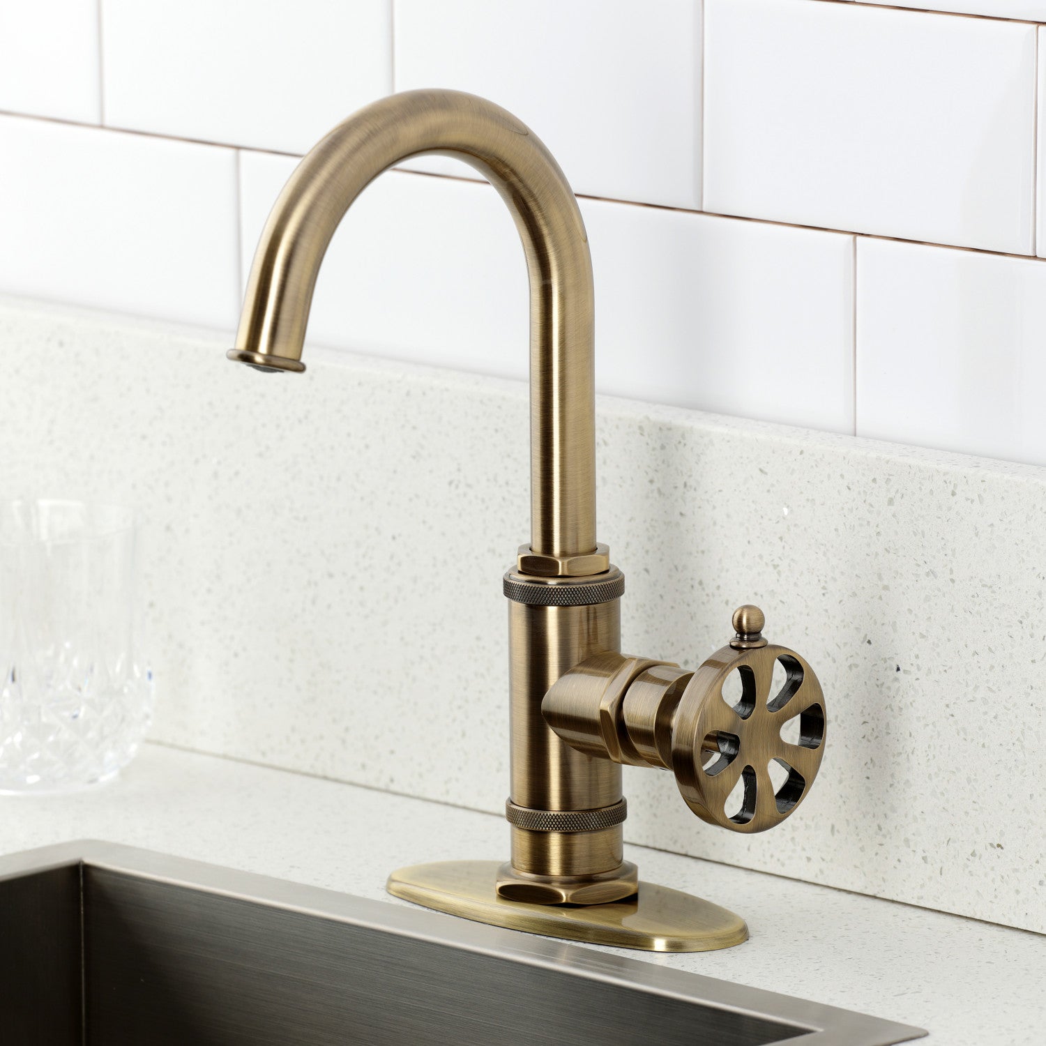 Belknap KSD8503RX Single Handle 1-Hole Deck Mount Bar Faucet in Antique Brass - Perfect for Kitchen Sinks, Wet Bars, and Outdoor Entertaining Areas