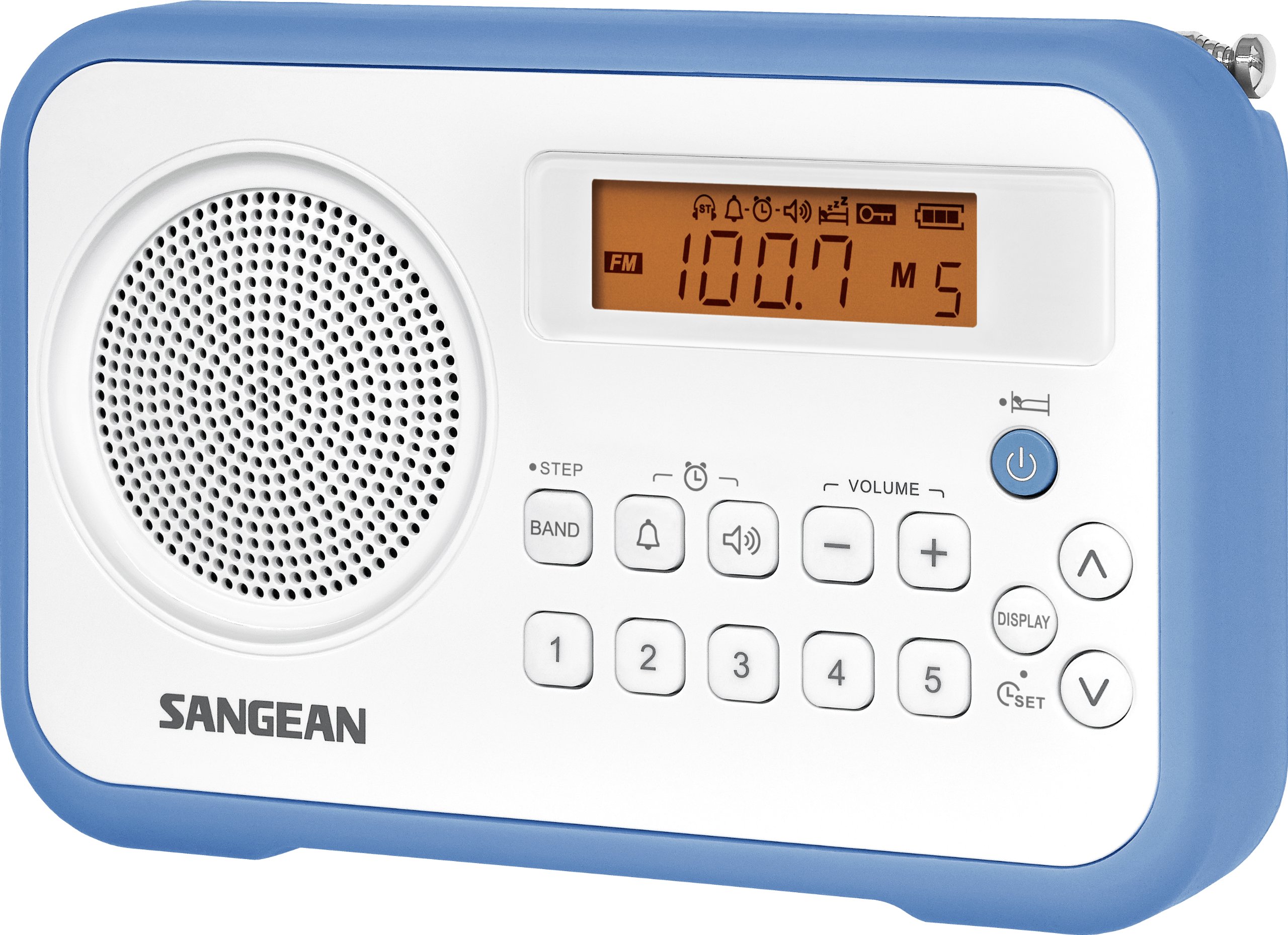 Sangean PR-D18BU AM/FM Portable Digital Radio with Protective Bumper - White/Blue - Compact Travel, Emergency Weather, Outdoor Camping & Home Use