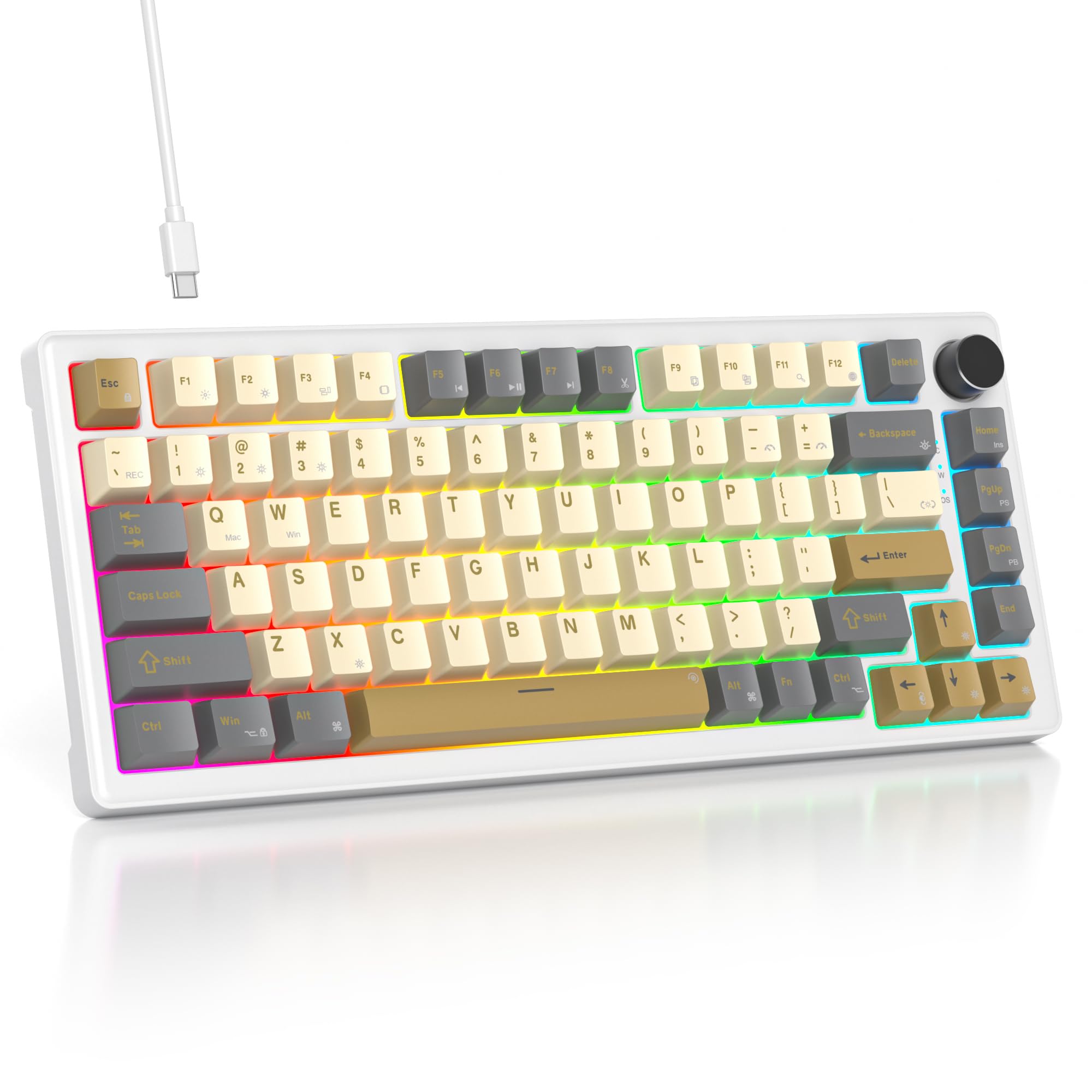 75% Retro Mechanical Gaming Keyboard - Gasket Mount, Hot Swappable RGB Backlit with Knob | Custom Wired TKL Keyboard for PC, Mac, Laptop (Shimmer/White Switch) | Perfect for Typing, Coding & Gaming