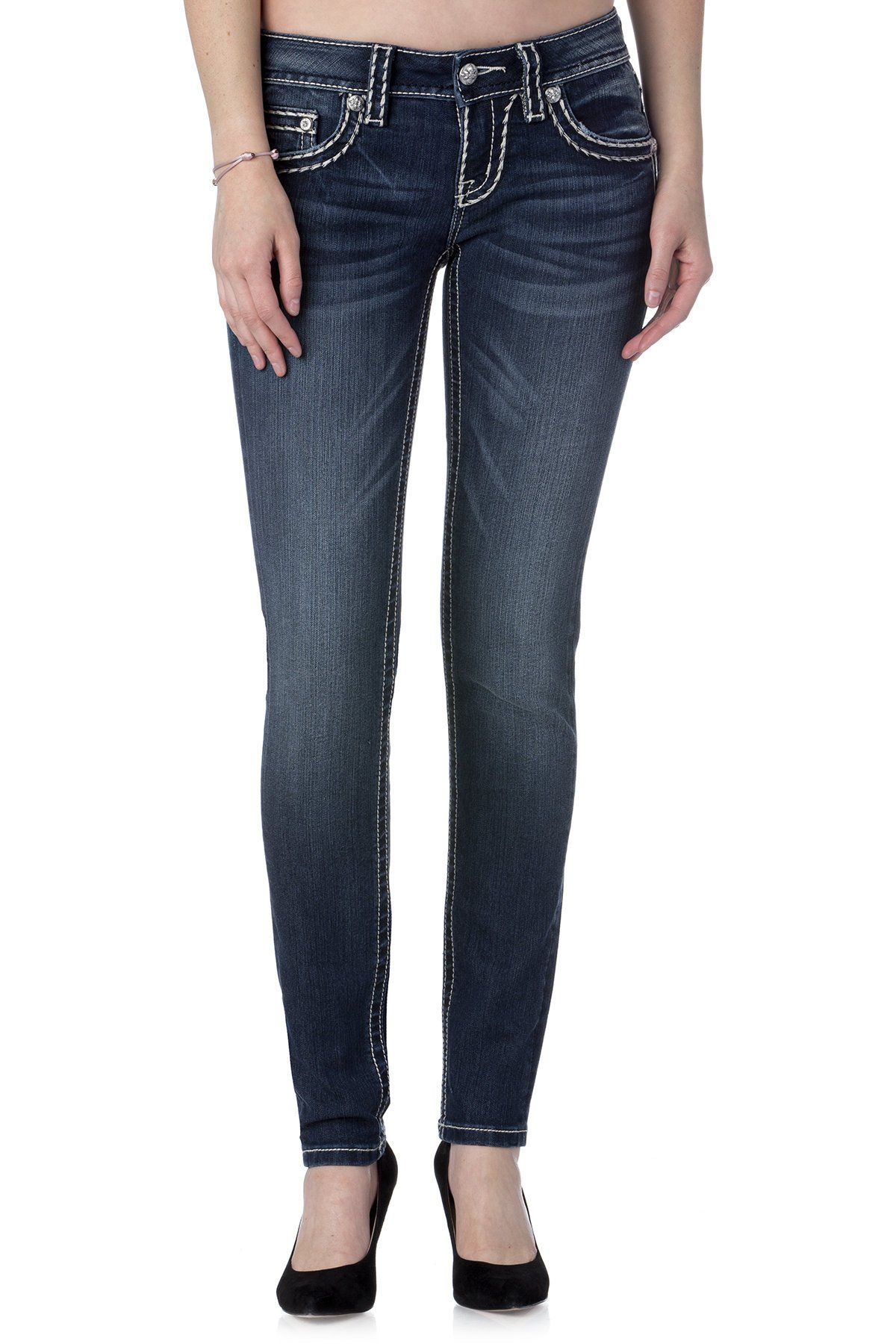 Miss Me Women's Loose Fit Saddle Stitch Border Skinny Jeans - Comfortable Stretch Denim Pants for Casual Wear & Everyday Outfits