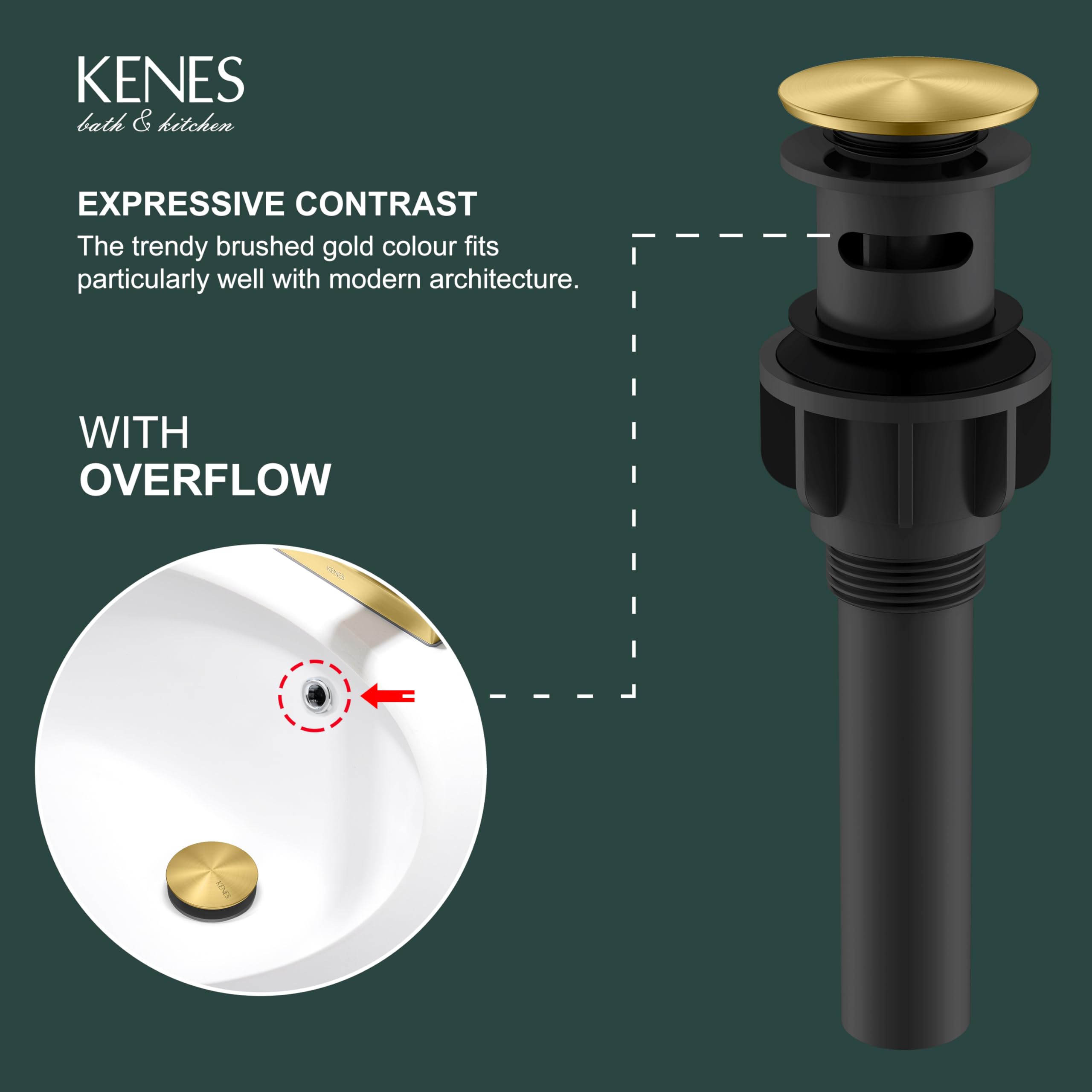 Kenes Brushed Gold Pop-Up Bathroom Sink Drain with Overflow & Strainer - Premium Vessel Vanity Drain Stopper for Modern Bathroom & Lavatory Sinks (Perfect for Home, Hotel, and Spa Renovations)