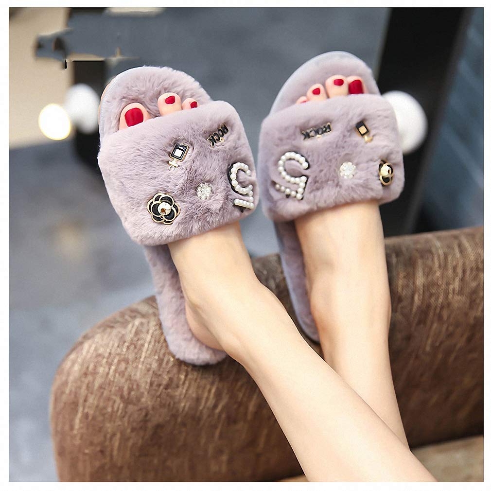 Women's Winter Fur Slippers with Perfume Decoration & Pearl Beading - Cozy Camellia Flip Flop Sandals for Indoor/Outdoor Wear - Perfect for Home, Lounge, and Gift Giving