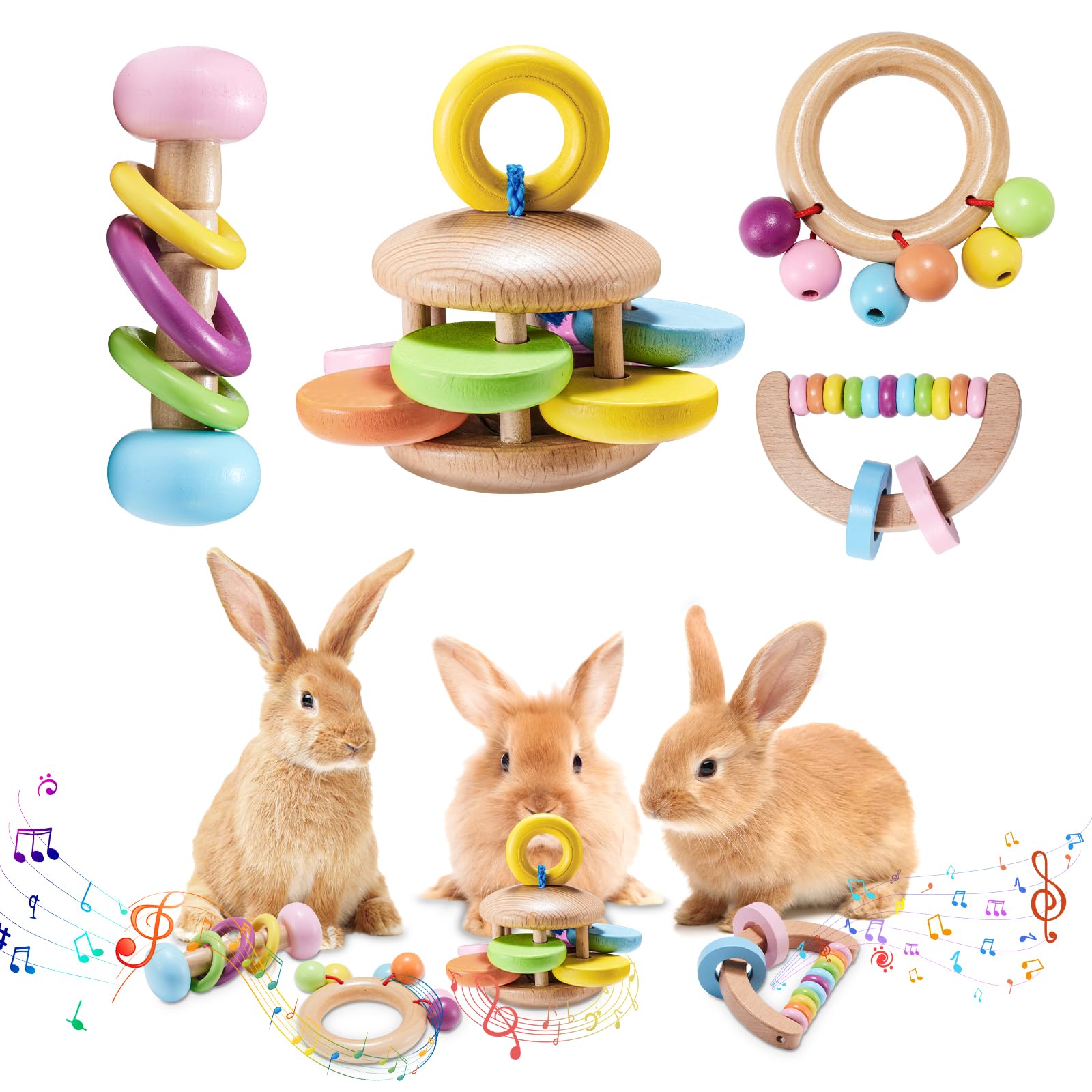 4 Pcs Wooden Bunny Chew Toys for Small Pets - Safe & Bite-Resistant Rabbit Toys for Guinea Pigs, Chinchillas, Hamsters - Teeth Grinding & Playtime Fun for Indoor & Outdoor Use - Perfect for Cage Enrichment and Pet Entertainment