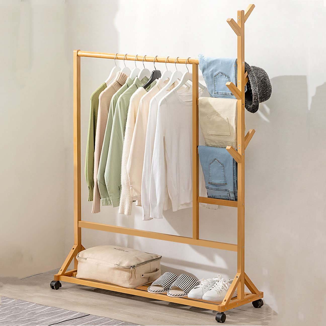 Heavy Duty Wooden Garment Rack with Wheels - Free Standing Clothes Hanger with Storage Shelves & 6 Side Hooks - Perfect for Bedroom, Closet Organization, Laundry Room, and Retail Store Display