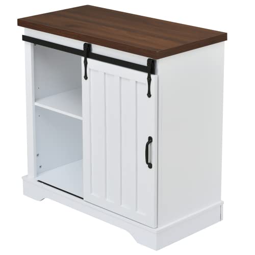 Freestanding Bathroom Storage Cabinet with Sliding Barn Door - Thick Top & Adjustable Shelf - White and Brown - Perfect for Bathroom Organization and Farmhouse Decor
