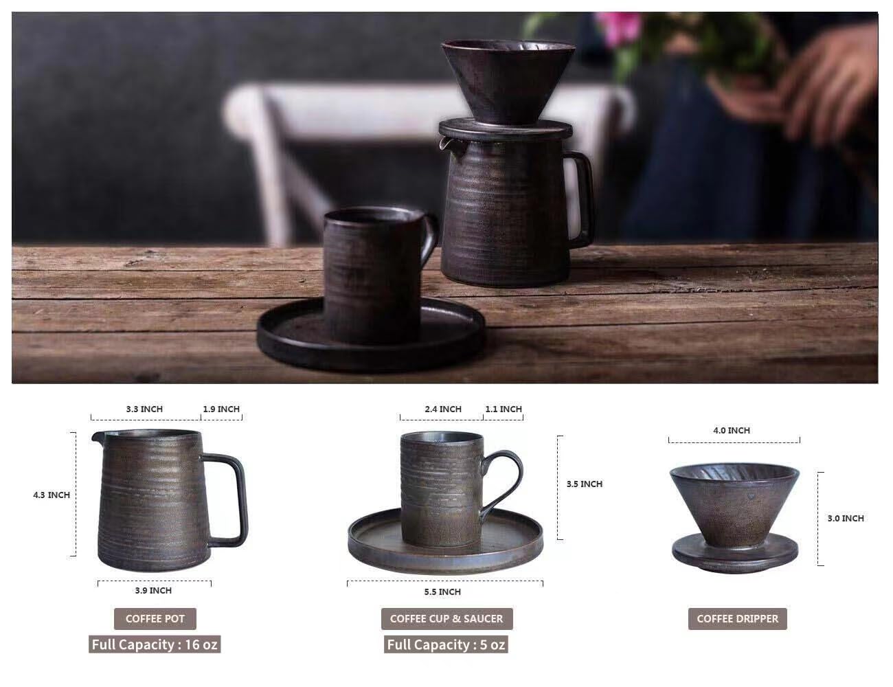 Handmade Stoneware Pour Over Coffee Maker Set with Dripper Cone Filter, 16oz Coffee Decanter & Espresso Cups - Retro Metallic Glazed Annular Veins Design for Home Brewing, Office Use & Gift Giving
