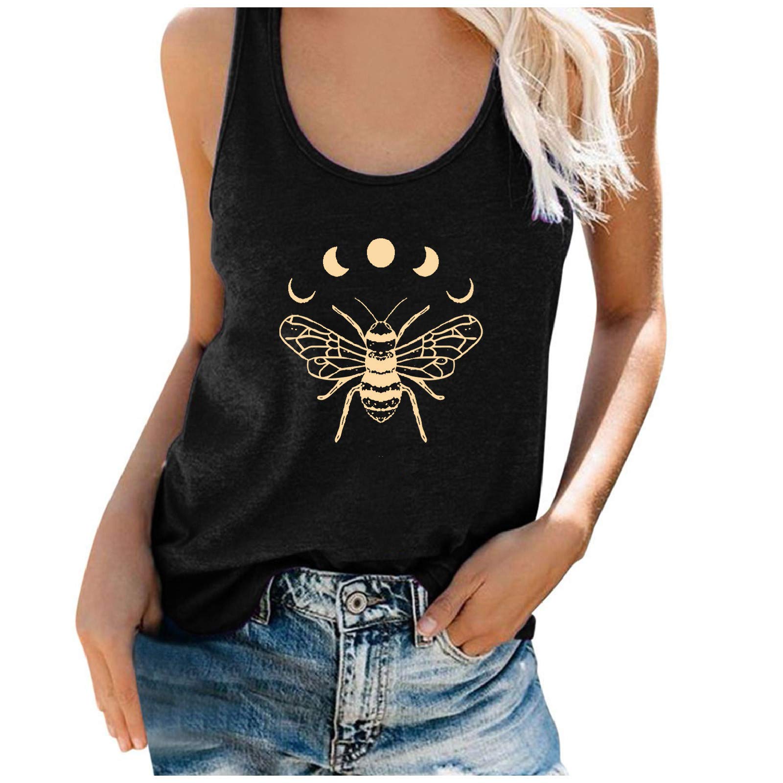 Moon Tank Neck Sun Print Sleeveless T-Shirt for Women - Summer Casual & Plus Size