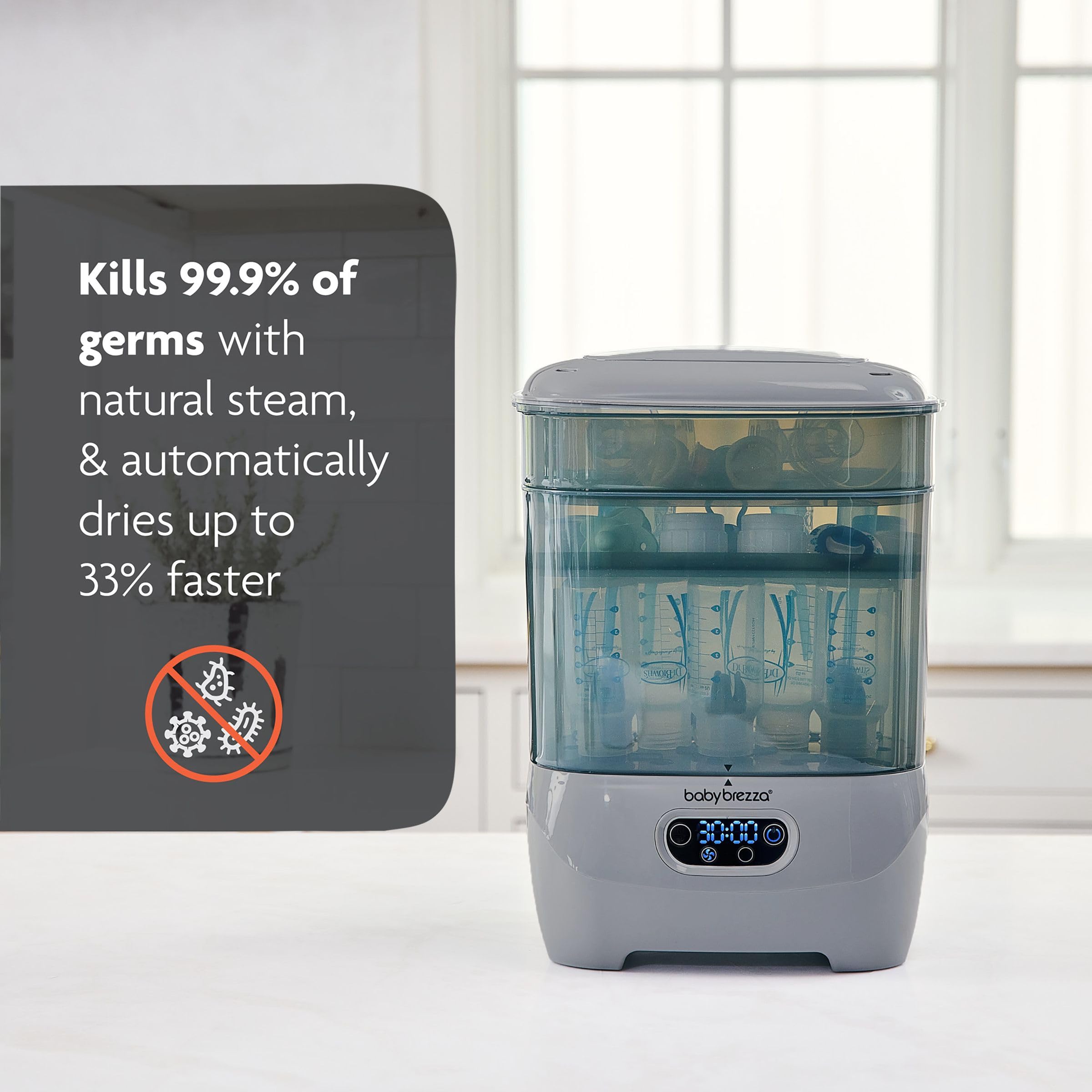 Baby Brezza Advanced Electric Bottle Sterilizer and Dryer - Universal Steam Sterilizing Machine for All Baby Bottles (Plastic/Glass), Pacifiers & Breast Pump Parts - HEPA Filtration System, Grey - Perfect for Nursery, Travel & Daily Baby Care