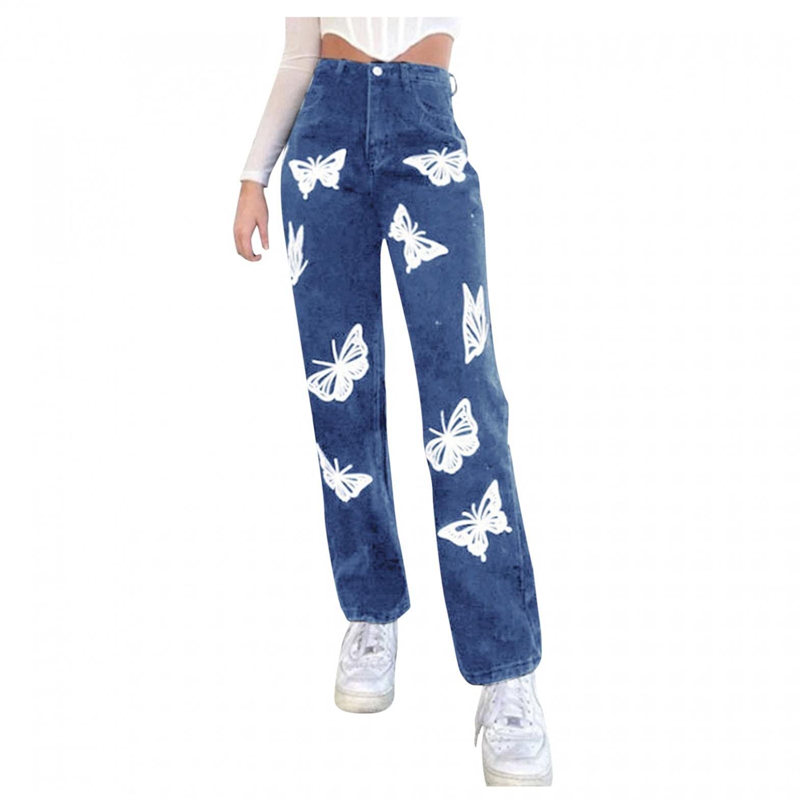 Stylish Y2K Printed High Waisted Stretch Jeans for Women - Retro Straight Baggy Pants with Color Patch Design | Perfect for Casual Outfits, Streetwear Fashion & Vintage Looks