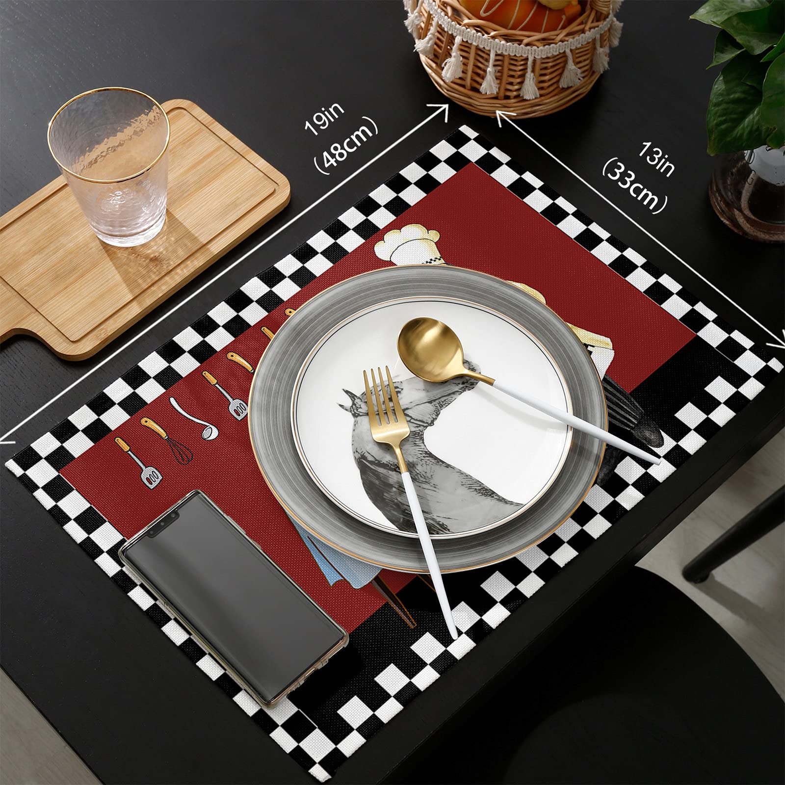 Fat Chef Table Runner and Placemats Set of 6 - Farmhouse Burlap Placemat Set for Kitchen Decor, Chef-Themed Party & Wedding Decorations - Perfect for Dining Table, Kitchen Island, and Holiday Entertaining