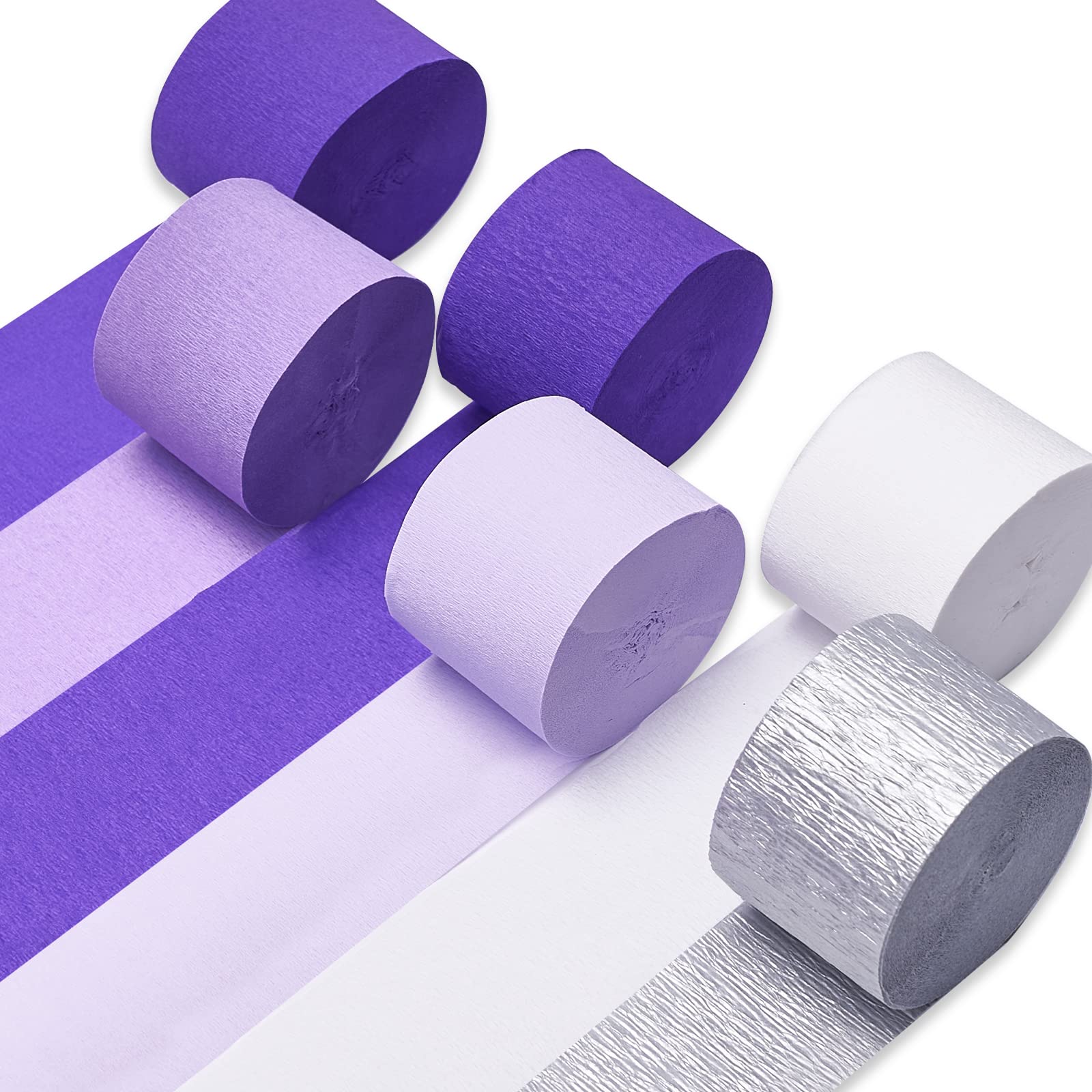 PartyWoo Crepe Paper Streamers - 6 Rolls (492ft) - Purple, Dark Purple, Silver & White - 1.8