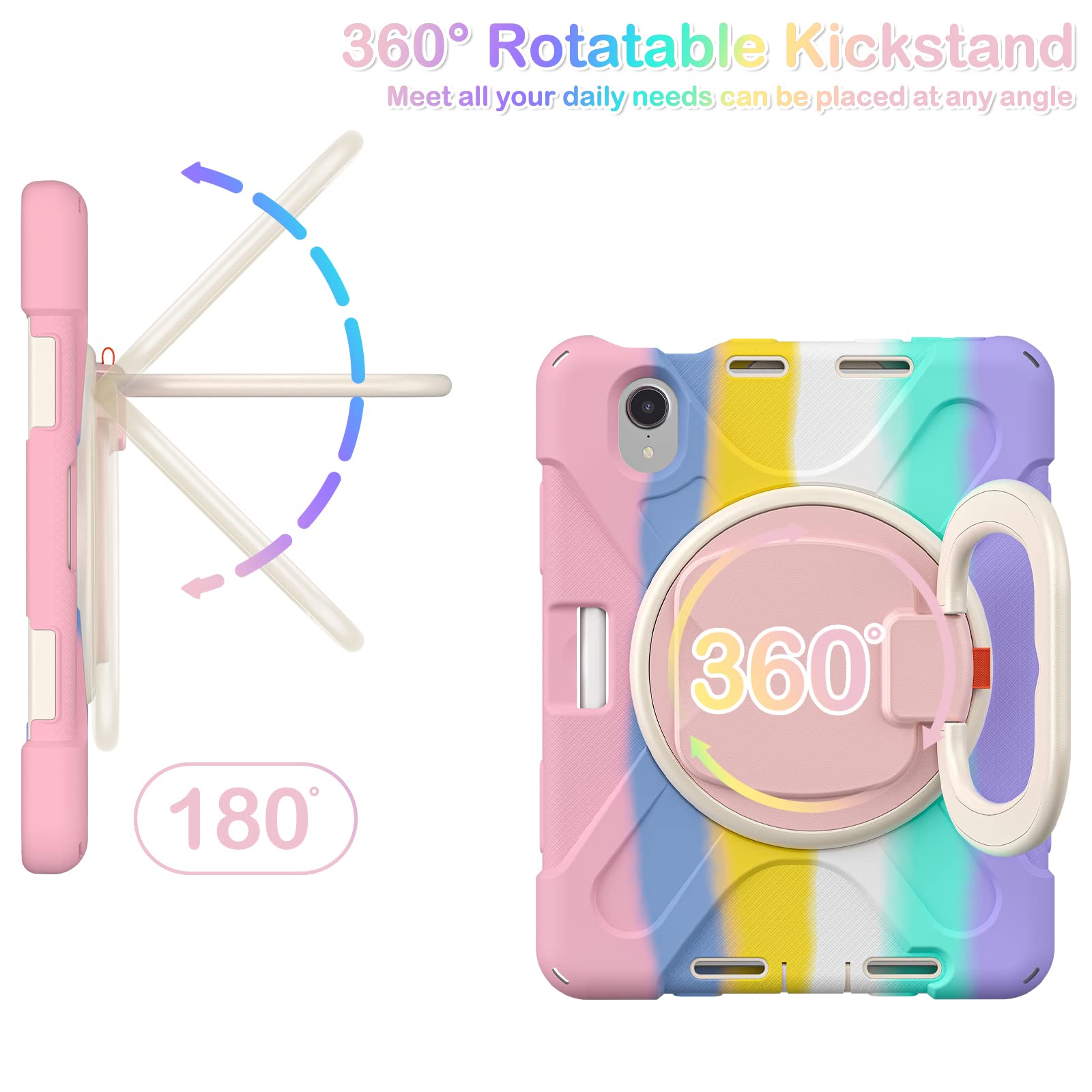 BRAECN Shockproof Kids Case for Apple iPad Mini 7th/6th Generation (2024/2021) 8.3 Inch - Rotating Stand Handle Grip with Screen Protector & Pencil Holder - Rainbow Pink - Perfect for School, Travel & Home Learning