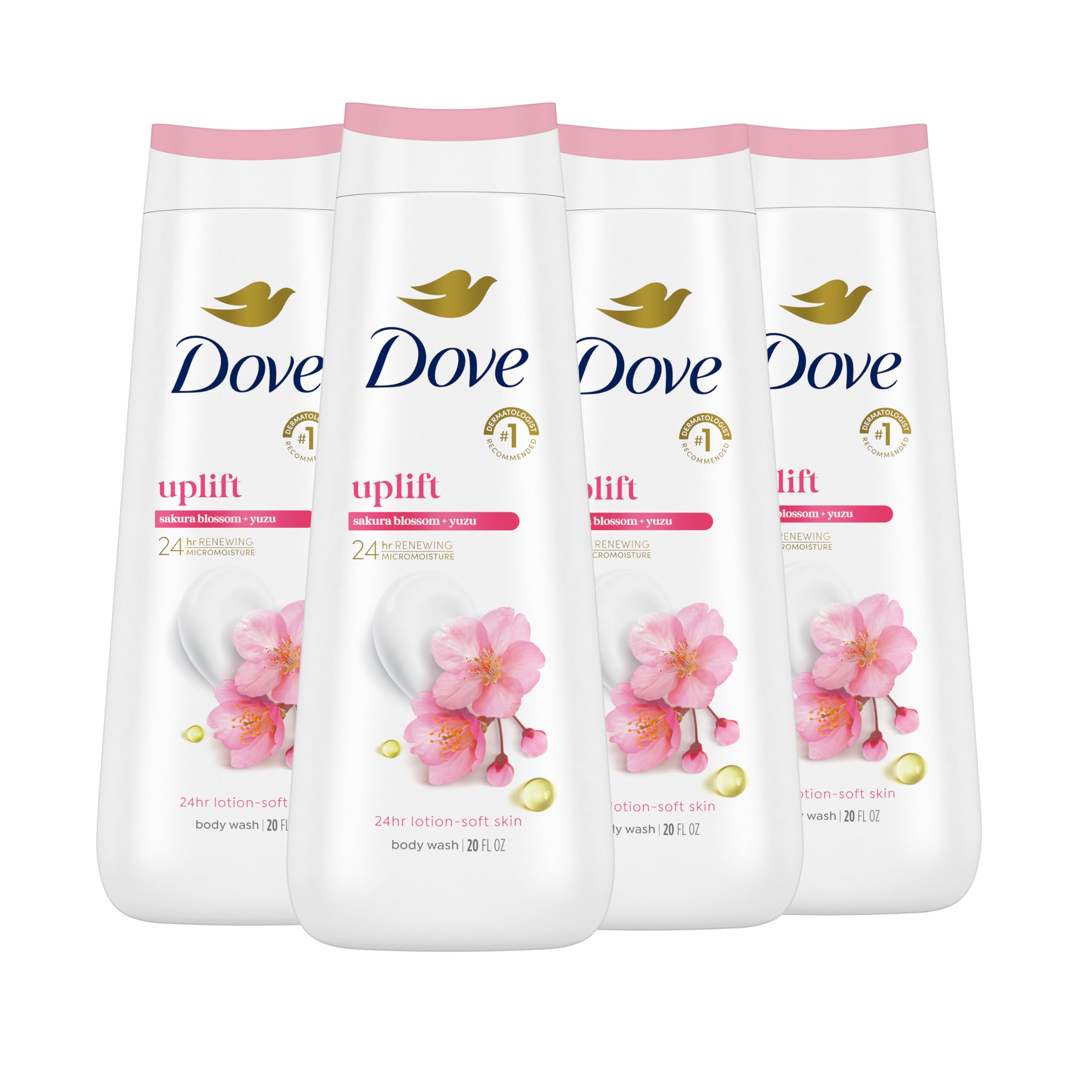 Dove Body Wash 4-Pack - 24-Hour Moisturizing Skin Cleanser with Sakura Blossom & Yuzu, Sulfate-Free & Paraben-Free for Soft, Hydrated Skin | Perfect for Daily Shower, Spa Day & Gift Sets