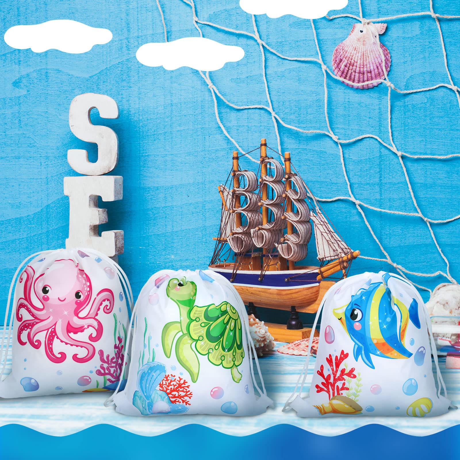 16 Pack Ocean Theme Party Favor Bags - Reusable Sea Animal Drawstring Goodie Bags for Kids Birthday, Underwater Party Decorations (11.8