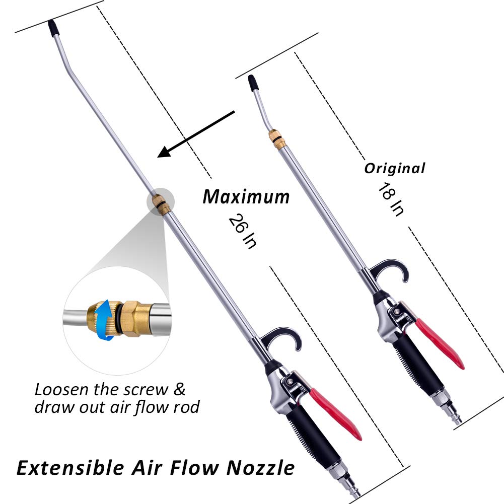 High Volume Powerful Air Blow Gun with Extendable Nozzle - 26 Inch Pneumatic Air Compressor Accessory - Anti-Slip Rubber Coated Metal Handle - Ideal for Dust Removal, Workshop Cleaning & Automotive Detailing