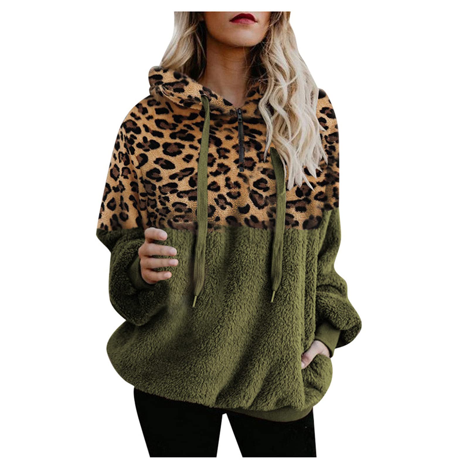 KAKX Women's Leopard Print Hooded Sweatshirt Jacket - Winter Warm Faux Wool Zip-Up Coat with Pockets | Cozy Cotton Outerwear for Casual Wear, Street Style & Cold Weather Fashion