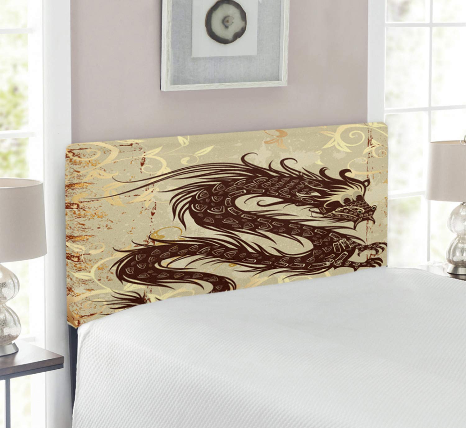 Ambesonne Japanese Dragon Headboard - Antique Paper Style Grunge Backdrop with Asian Design, Upholstered Decorative Metal Bed Frame with Memory Foam - Twin Size in Brown Yellow Beige - Perfect for Asian-Themed Bedrooms, Home Decor & Photography Backdrops