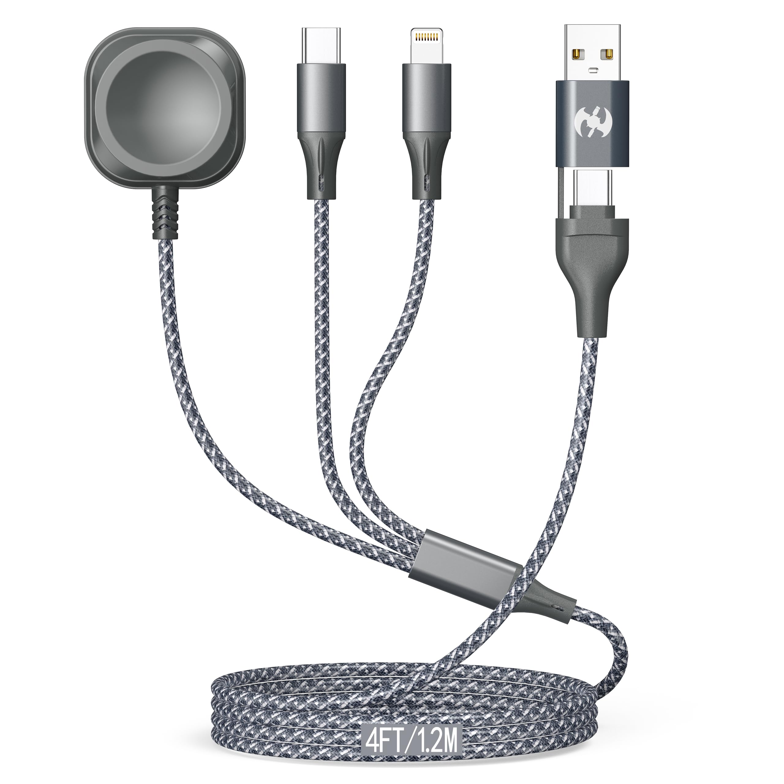 6-in-1 Multi Charging Cable for Apple Watch/iPhone/Android - 4FT Nylon Braided USB C to Lightning & Magnetic Wireless Charger | Compatible with iWatch Series 1-8, iPhone 14/13/12, Samsung Galaxy | Perfect for Travel, Office & Home Charging