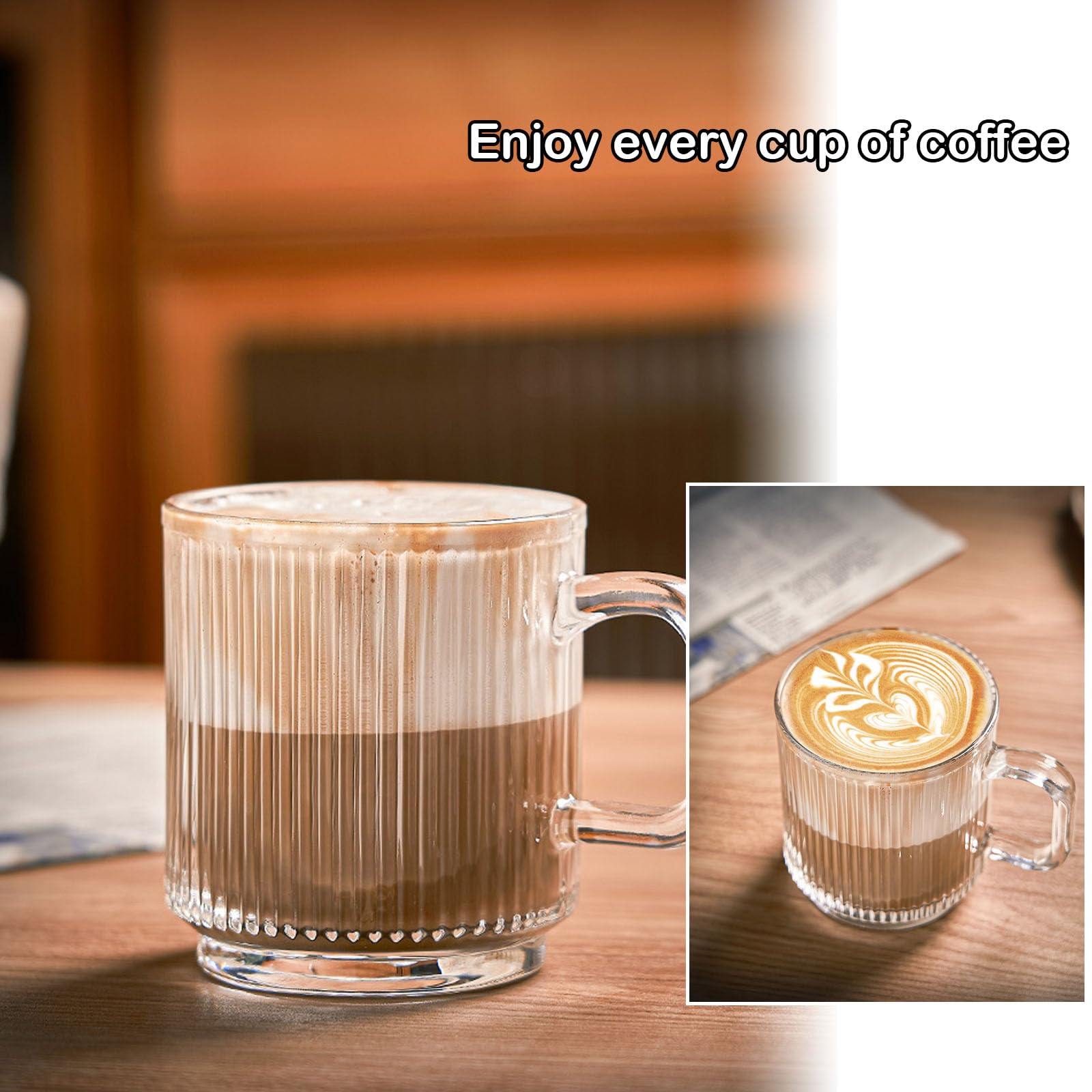 Premium 12 oz Glass Coffee Mug - Classic Vertical Stripes Espresso & Tea Cup - Clear Glass for Latte, Juice, Chocolate - Perfect for Home, Office & Gifts
