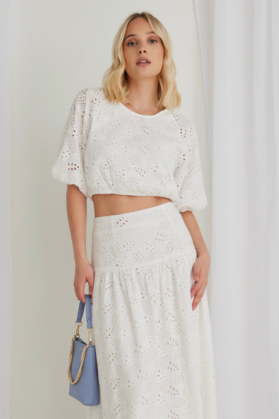 Embellished White Broderie Anglaise Cropped Puff Sleeve Blouse - Women's Vintage Boho Chic Top for Summer, Beach, and Casual Outings