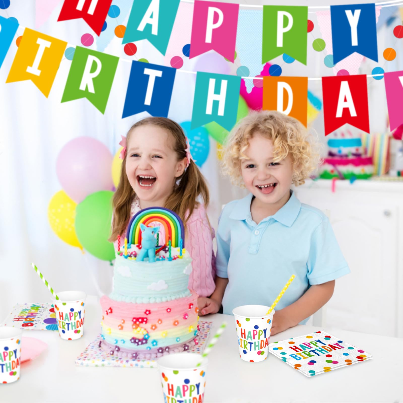 Happy Birthday Party Supplies Set - 25-Piece Disposable Paper Plates, Napkins, Cups, Tablecloth & Banner with Dots Design for Boys & Girls | Birthday Decorations for Kids, Adults & Family Celebrations