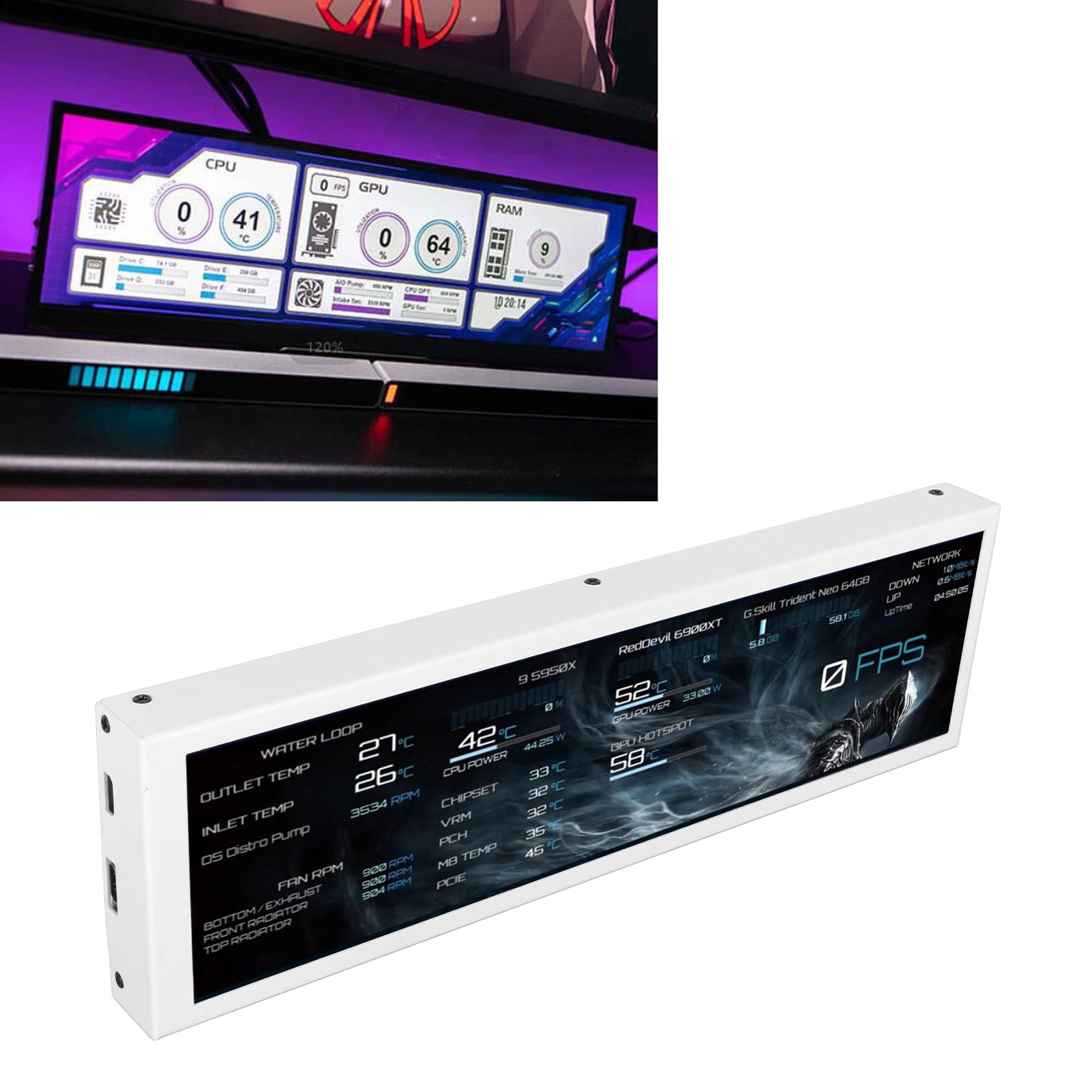 Zunate 8.8 Inch AIDA64 Computer Temperature Monitor - 1920x480 Resolution, 60Hz Refresh Rate, Real-Time CPU GPU SSD Data Display for Windows PC - Perfect for Gaming Rigs, Workstations & Server Monitoring (White)