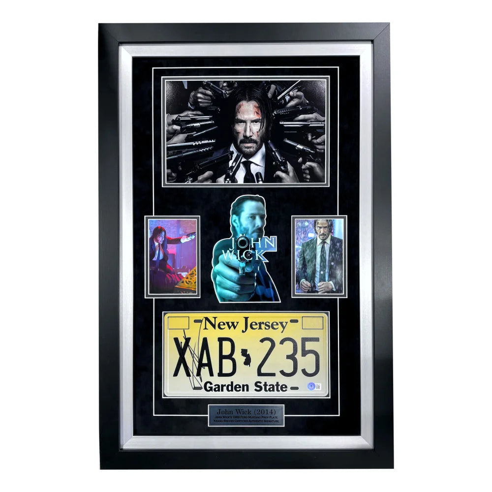 Keanu Reeves Autographed John Wick Movie Car License Plate Photo - Framed Collage with BAS COA Certificate | Perfect for Movie Memorabilia Collectors & Home Theater Decor