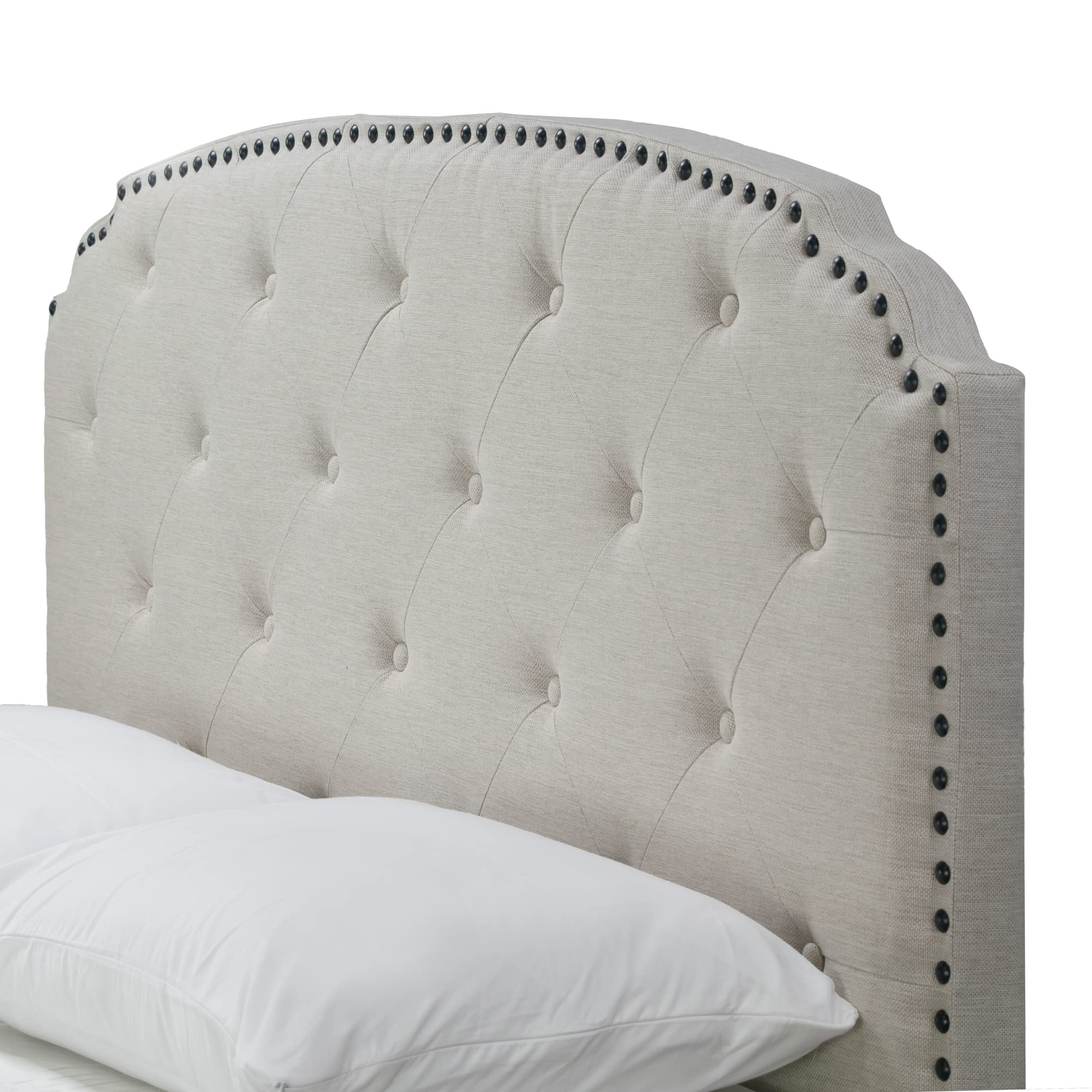 Arin Beige Fabric Queen Size Bed Frame with Button Tufted Headboard and Black Nailhead Trim - Perfect for Modern Bedroom Decor and Master Suite Upgrade