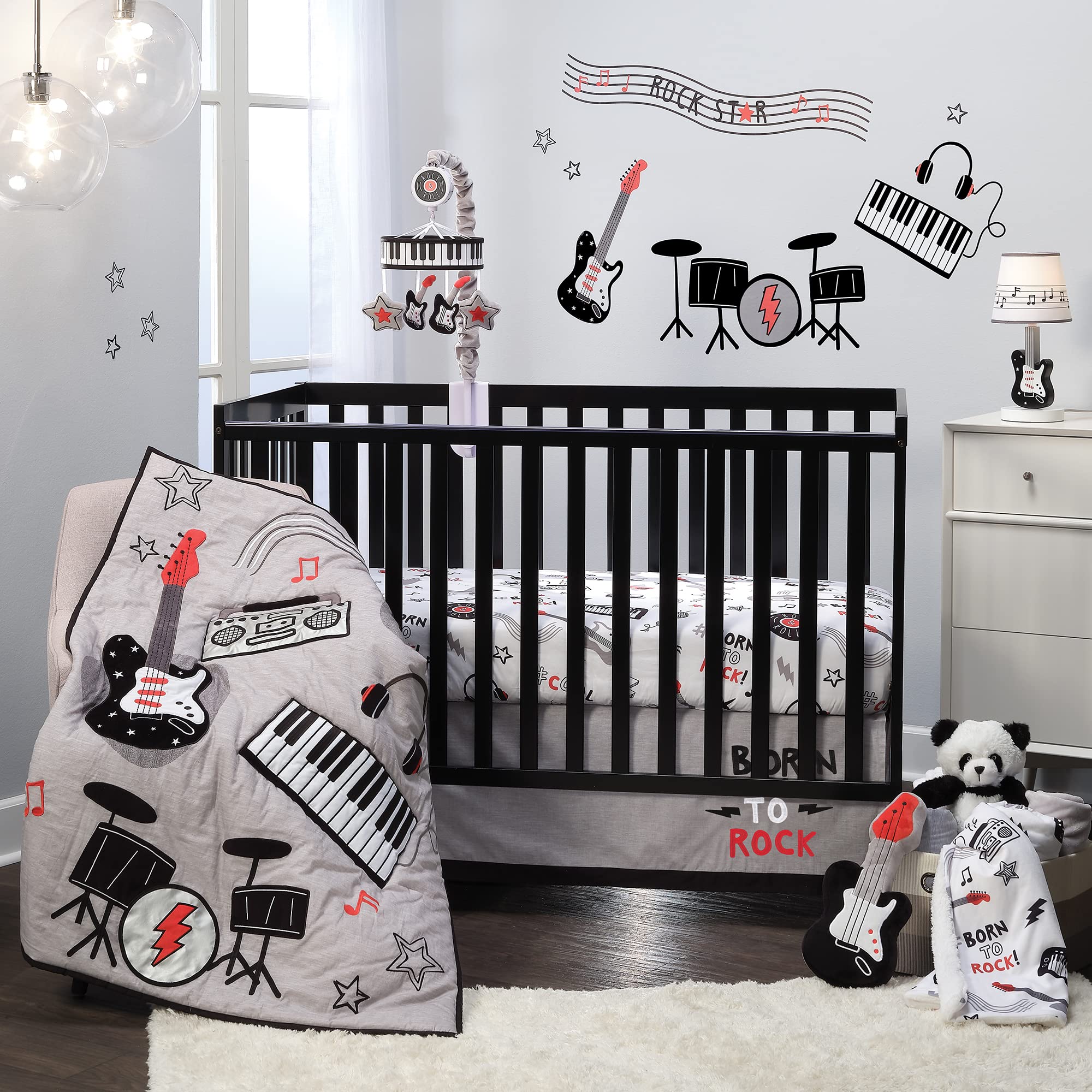 Lambs & Ivy Rock Star Musical Instruments 3-Piece Baby Crib Bedding Set - Soft Gray Nursery Decor for Boys & Girls | Perfect for Newborns, Infants & Toddlers