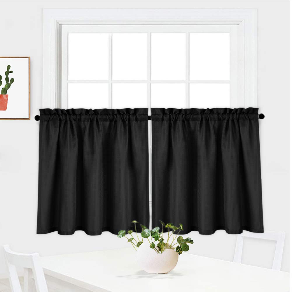 Black Waffle Weave Waterproof Kitchen Tier Curtains - Set of 2, 30