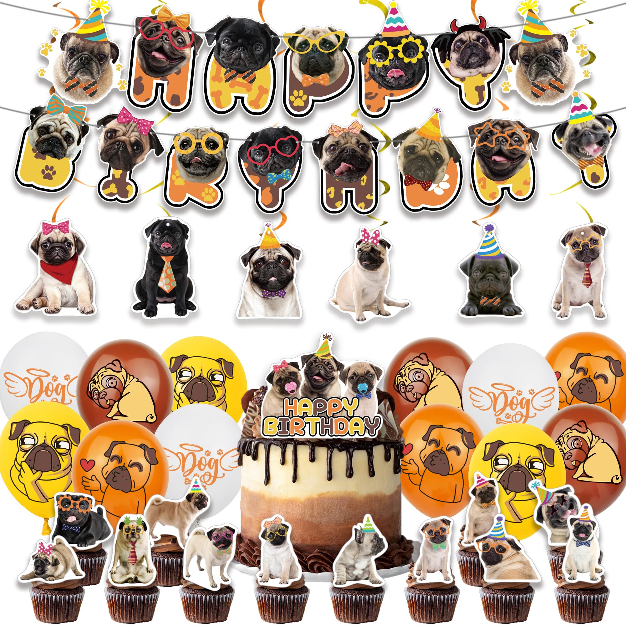 Funny Pug Party Decorations Set - Birthday Banner, Hanging Swirls, Cake Topper, Balloons & Cupcake Toppers with Adorable Dog Faces | Perfect for Pug Themed Birthday Parties, Baby Showers & Dog Lover Celebrations