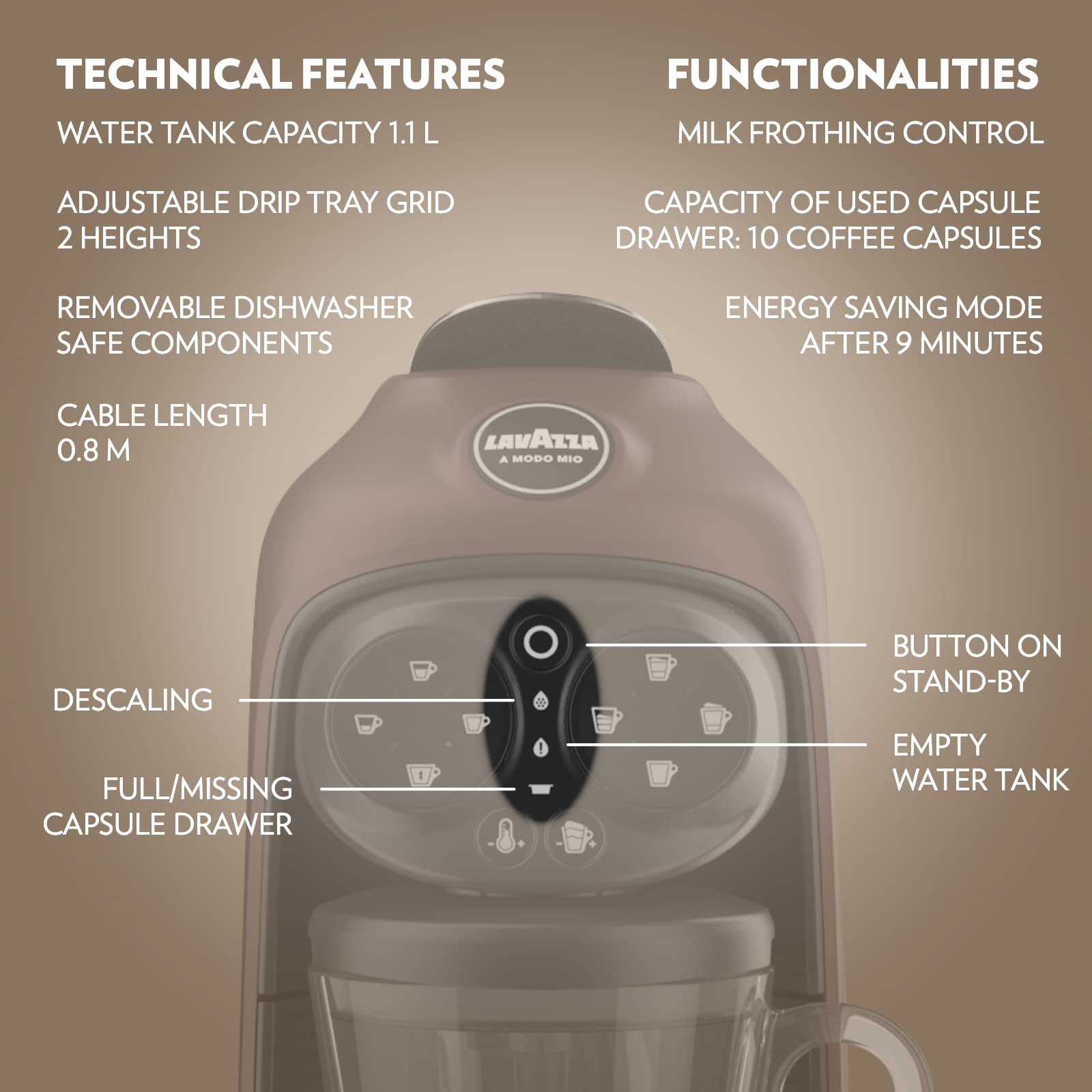 Lavazza A Modo Mio Deséa Coffee Capsule Machine - Compatible with A Modo Mio Pods, Touch Screen, Auto Shut-Off, Dishwasher Safe, 1500W (220-240V) - Perfect for Home & Office Espresso Brewing