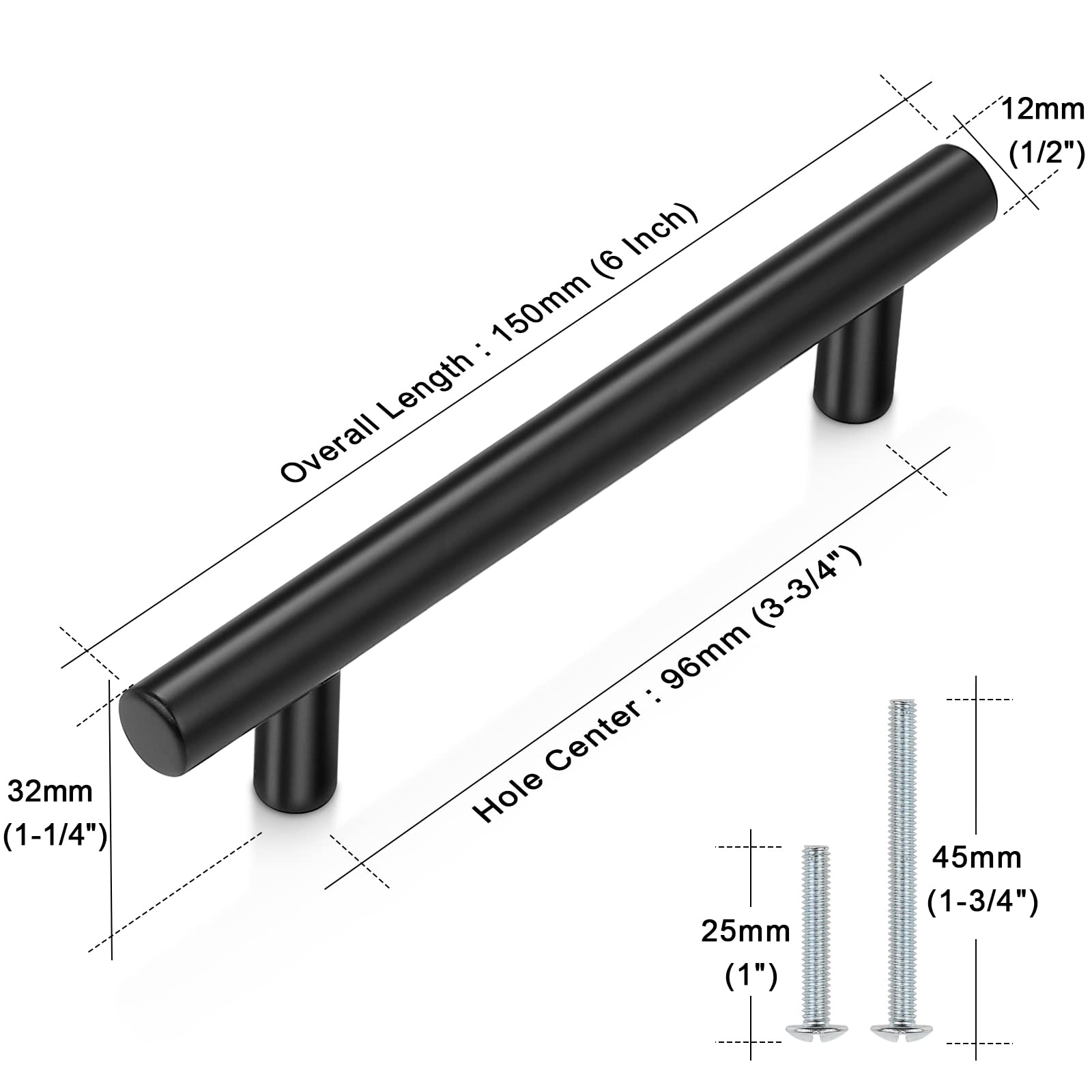 Probrico 5-Pack Black Cabinet Handles - 3-3/4 Inch Hole Centers, 6 Inch Total Length, Euro T-Bar Drawer Pulls for Kitchen Cabinets, Dressers & Furniture Hardware | Durable & Stylish Upgrade for Home & Office Storage