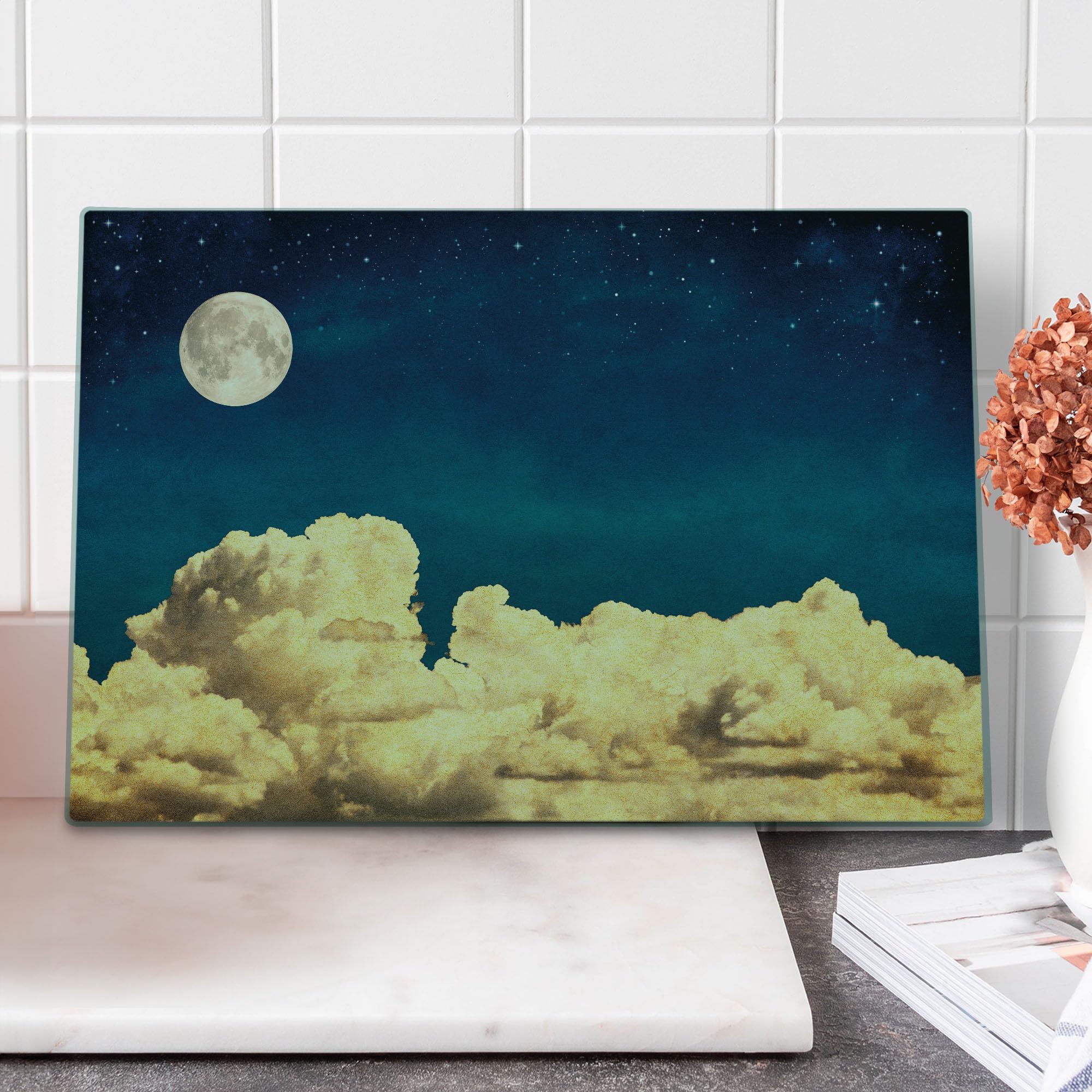 Ambesonne Night Sky Cutting Board - Vintage Style Fantasy Sky with Stars, Full Moon & Clouds - Tempered Glass Decorative Serving Board - Large Size Dark Blue & White - Perfect for Kitchen, Dining & Gift Giving
