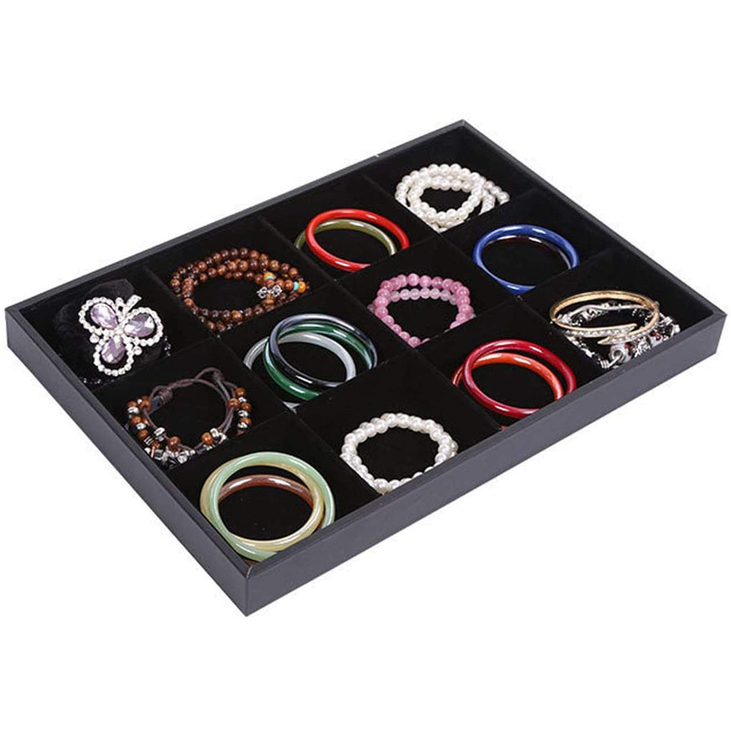 Black Velvet Stackable 12-Grid Jewelry Organizer Tray - Elegant Display Case for Gemstone Pendants, Diamond Rings & Necklaces - Modern Vanity Storage Box for Women - Perfect for Closet Organization, Dresser Decor & Jewelry Showcase
