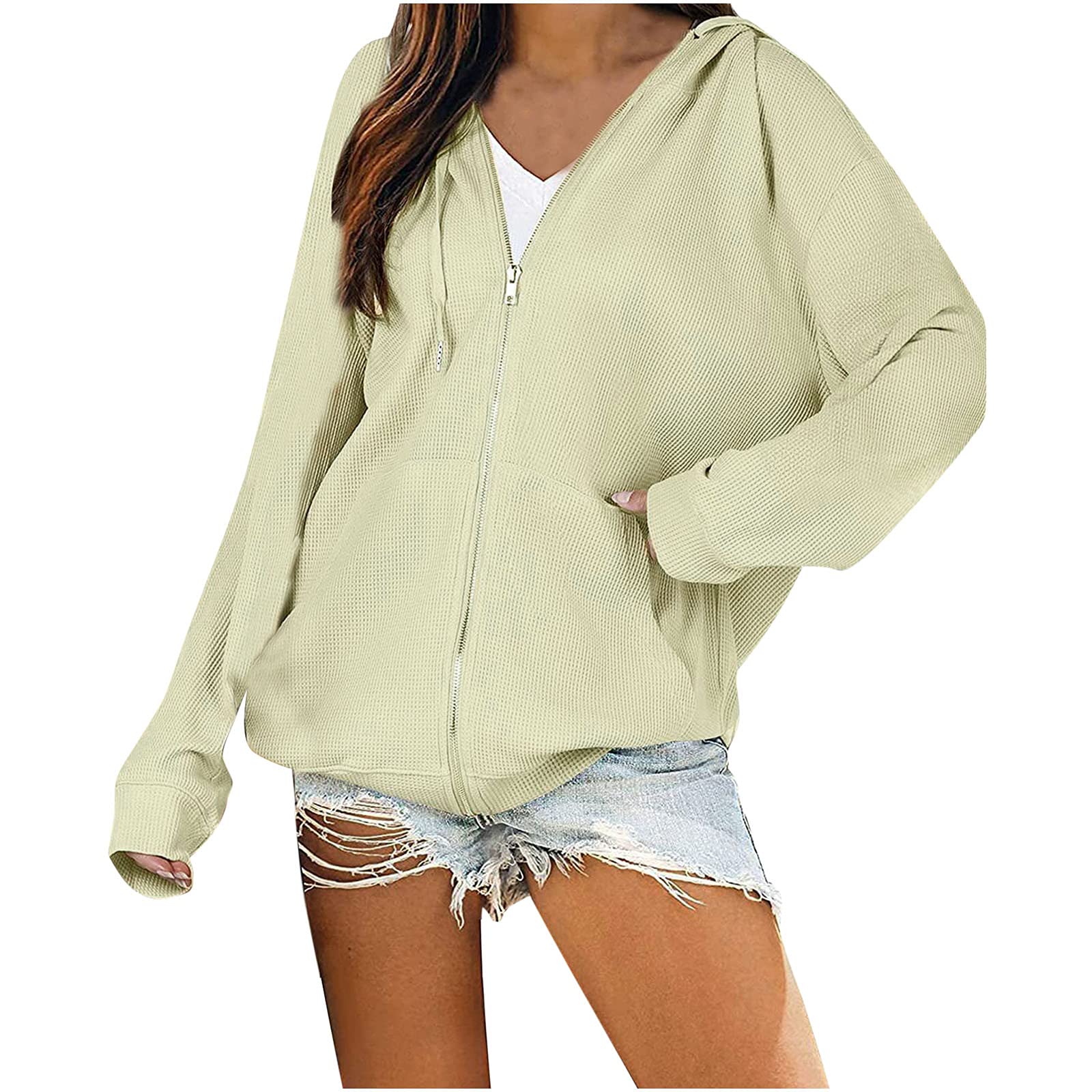 Women's Casual Waffle Knit Hoodie Cardigan with Drawstring & Zipper - Soft Comfortable Pullover Sweater for Lounge, Travel and Everyday Wear