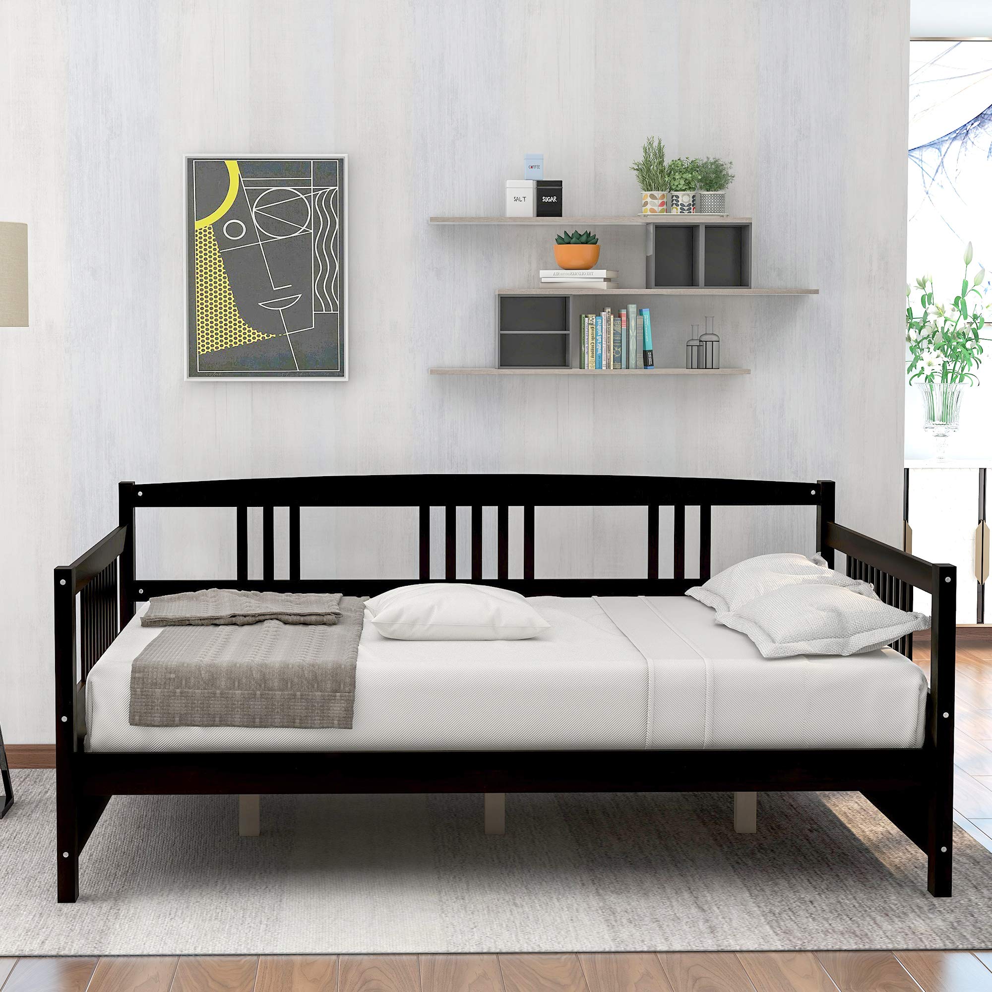 Twin Size Wooden Daybed with 10-Slat Support - Solid Espresso Wood Multi-Functional Daybed for Guest Room, Dorm, or Small Space