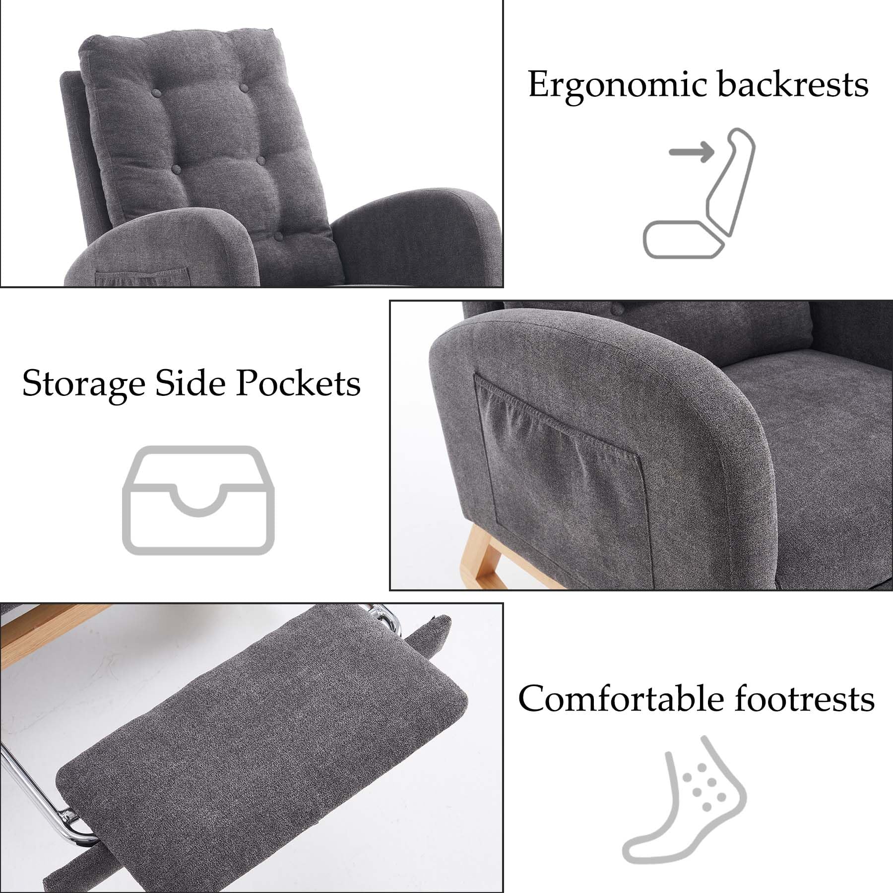 Comfortable Accent Rocking Chair with Footrest & Side Pocket - Upholstered High Back Nursery Rocker with Rubber Wood Legs - Perfect for Living Room, Baby Nursery & Bedroom - Relaxing Armchair for Breastfeeding, Reading & Lounging (Gray)