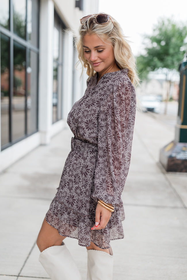 True Love Brown Floral Print Collared Dress - Women's Vintage Style Summer Dress for Date Night, Wedding Guest & Office Wear