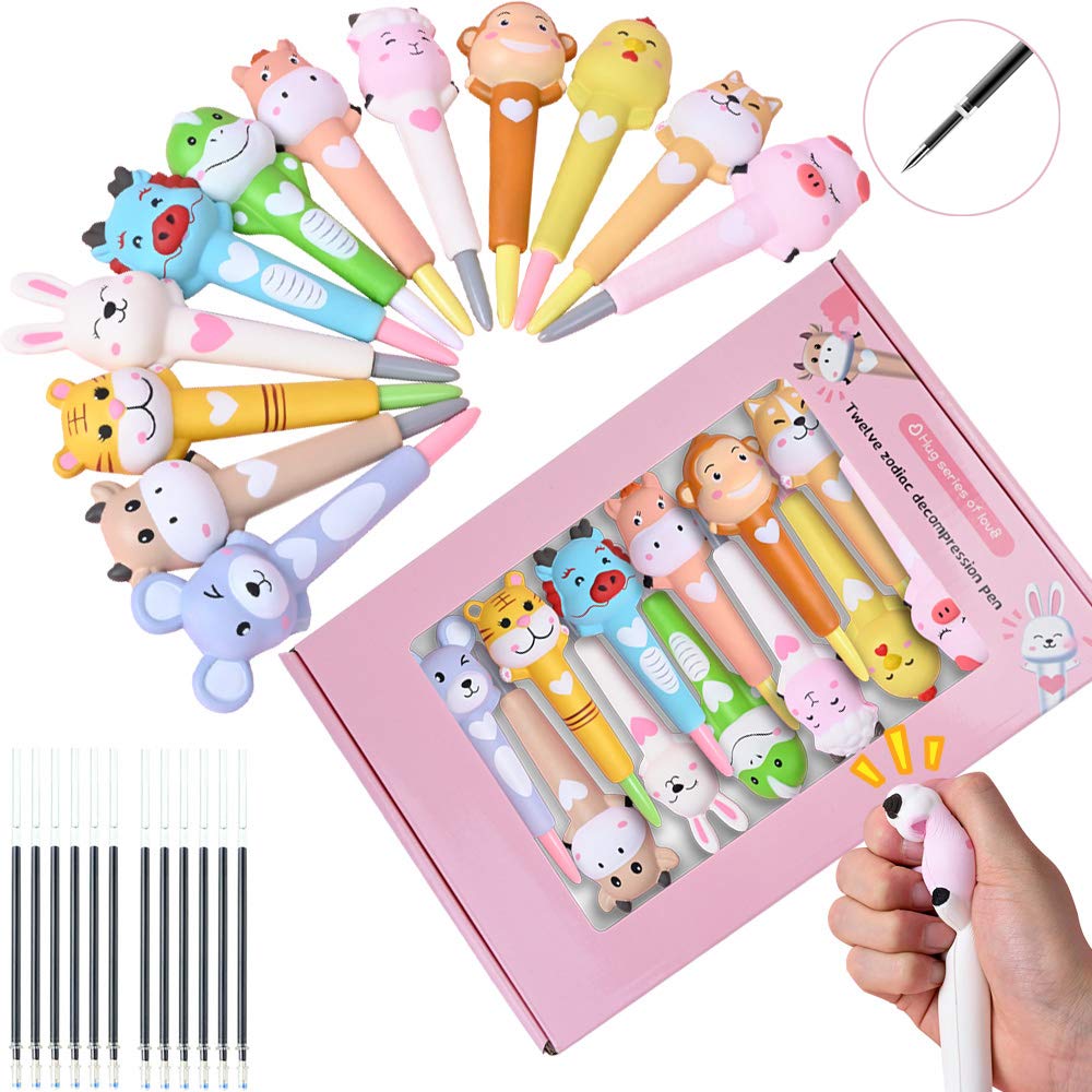 LemoHome Cute Squishy Animal Gel Pens Set - Kawaii Stress Relief Sponge Pens with Replacement Refills for Students & Kids (12PCS) - Perfect for School, Office, Journaling & Gift Giving