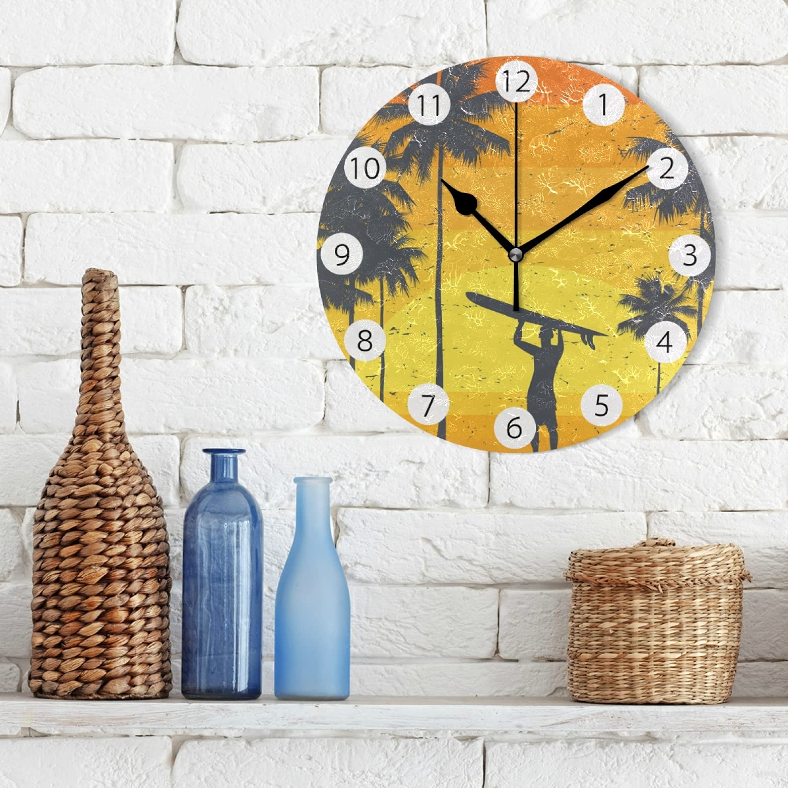 California Beach Surfer Wall Clock - Silent Non-Ticking Round Wall Decor for Kitchen, Living Room & Bedroom | Battery Operated Modern Art Clock for Home & Office