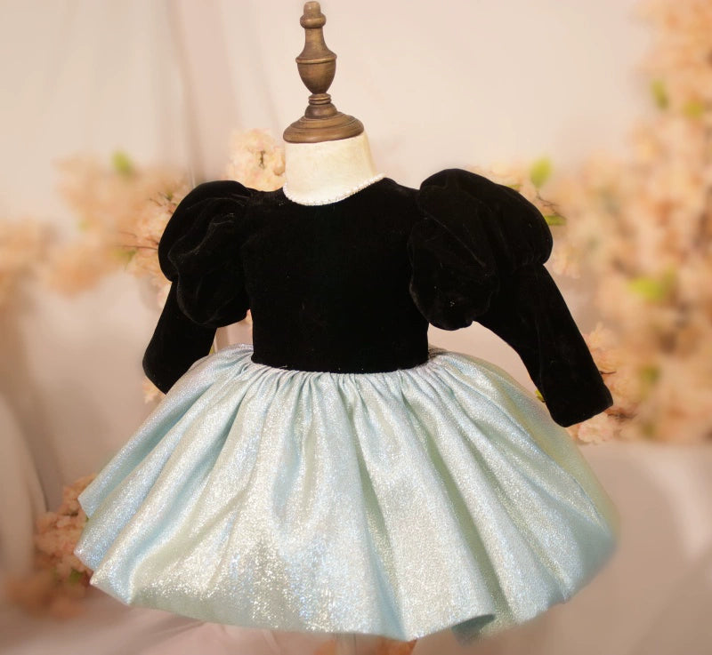 Black Princess Round Tea Length Satin Flower Girl Dress for Weddings, Birthday Parties & Special Occasions