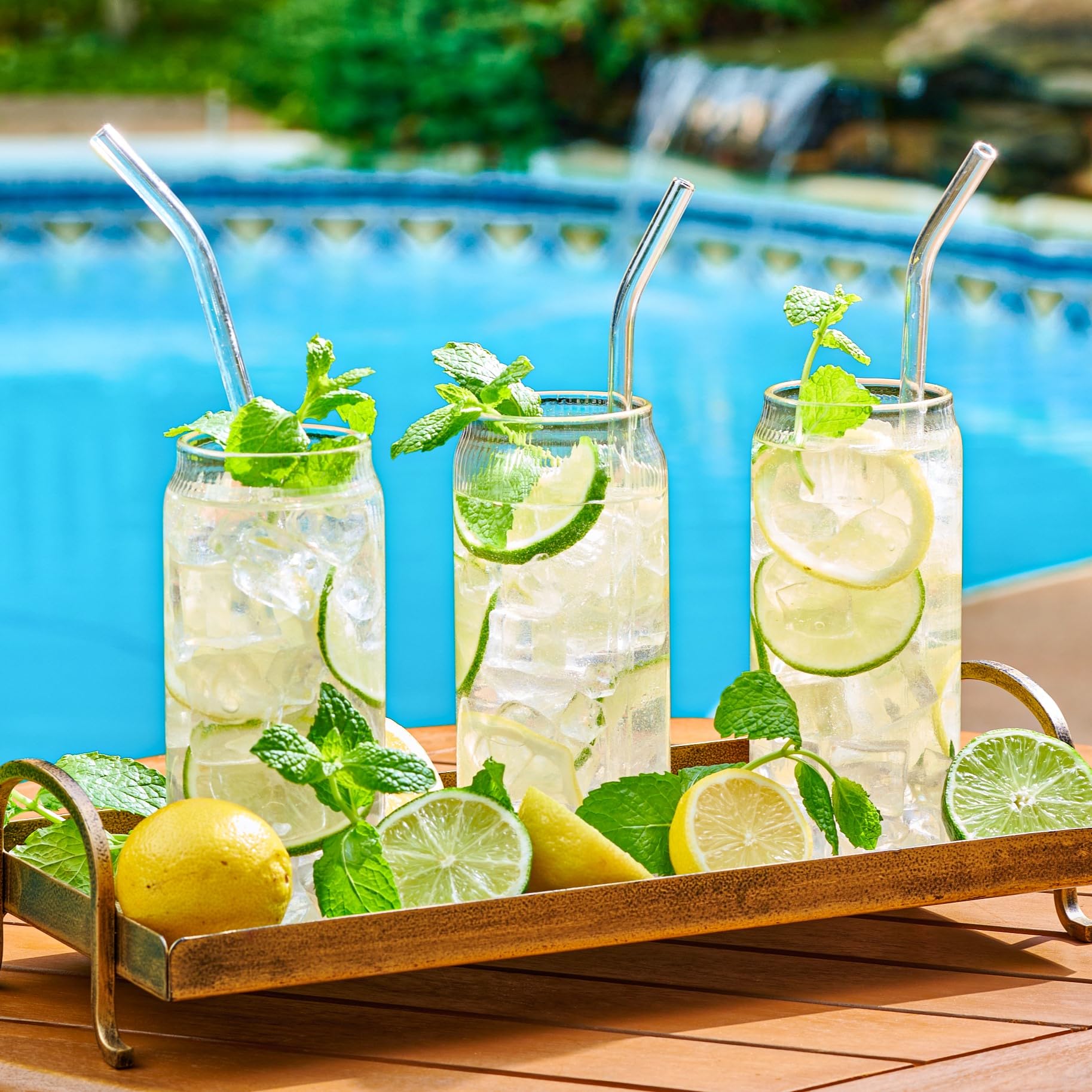 Set of 6 Ribbed Can-Shaped 16oz Glass Cups with Glass Straws - Clear Drinking Glasses for Iced Coffee, Tea, Cocktails & Soda | Perfect for Home, Office, Parties & Restaurants