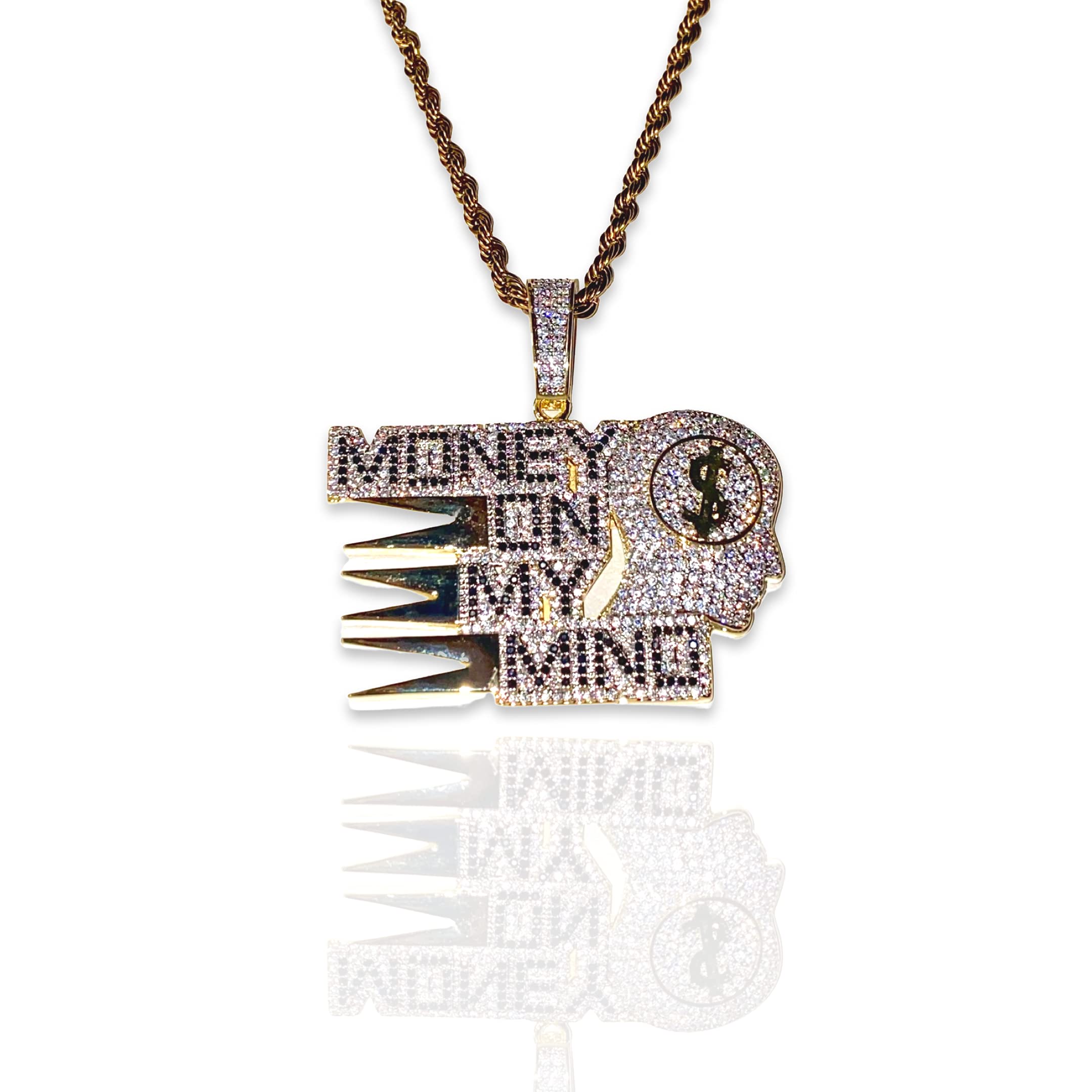 Money On My Mind Hustle Grind Custom Pendant Necklace - Iced Out Diamond CZ Jewelry for Men & Women - 925 Sterling Silver with Gold Finish - 3mm Stainless Steel Rope Chain - Perfect for Hip Hop Fashion, Gifts & Everyday Wear