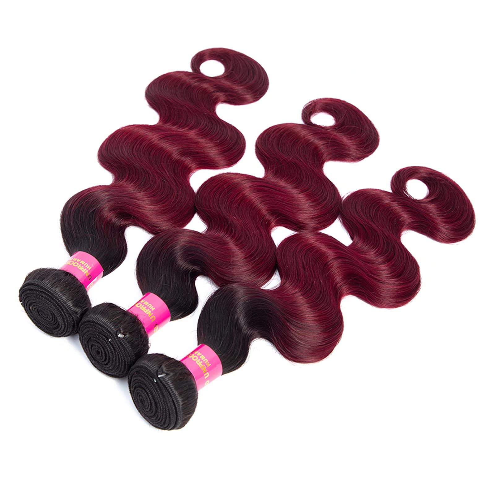 FEEL ME 1b99J 100% Brazilian Human Hair Bundles - 3Pcs Body Wave Ombre Weft Extensions (20 22 24 Inch) Black to Burgundy - Natural Soft & Tangle-Free Hair Extensions for Styling, Weaving & Salon Use
