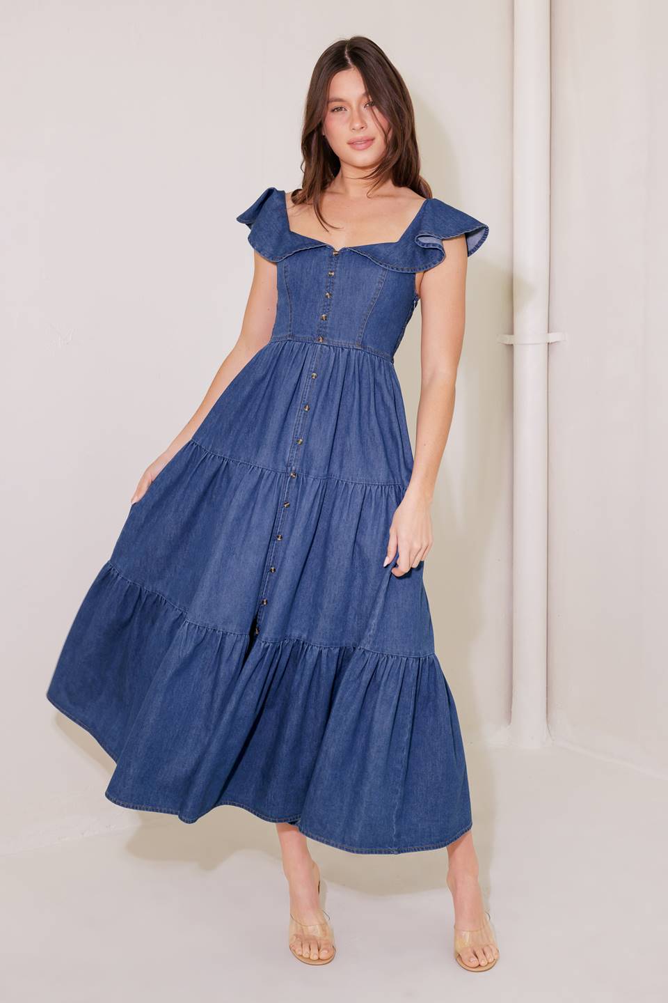 Once Upon a Time Denim Blue Midi Dress - Women's Casual Vintage Style Wrap Dress for Summer, Date Night & Office Wear
